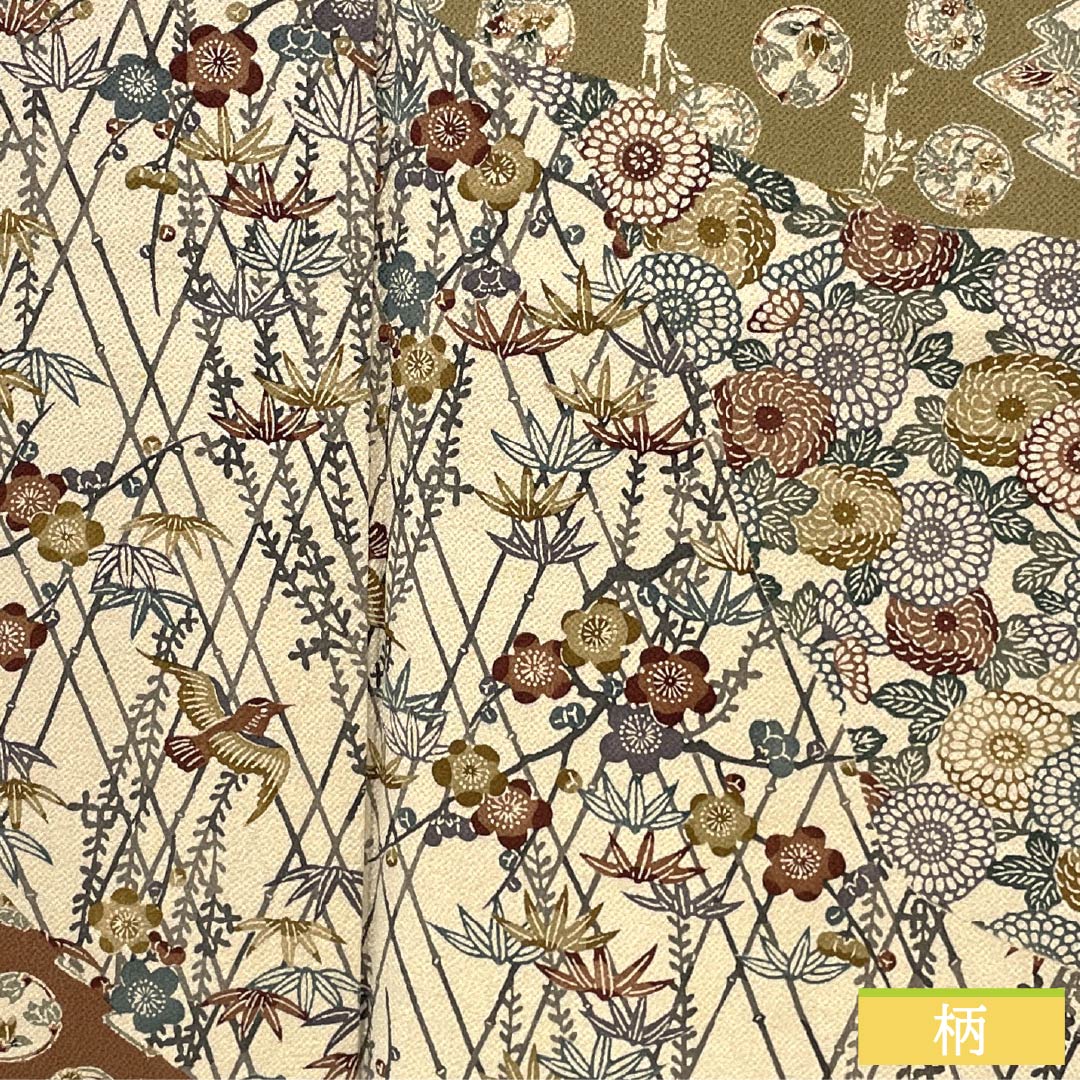 訪問着 正絹 Aランク 袷 身丈164cm 裄丈68cm 胡桃色(くるみいろ) 京紅型 吉祥文様 割付文様 古典柄 しつけ糸付き ベージュ系 1112006713425