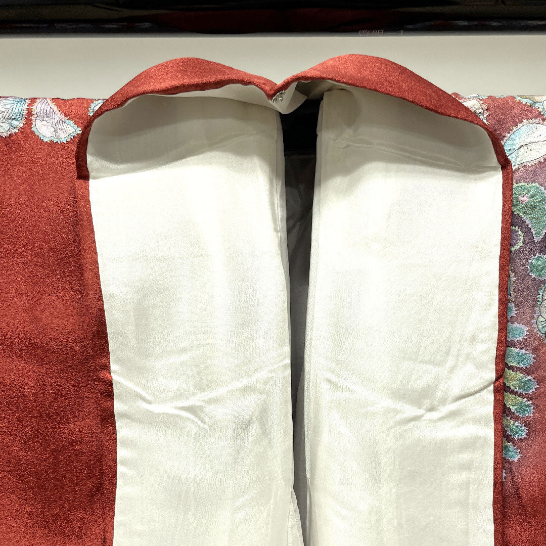 Homongi, lined, length 157cm, sleeve length 62cm, red birch color, Kyo-Yuzen, Tsujigahana, pure silk, S rank, red, 1112002262312