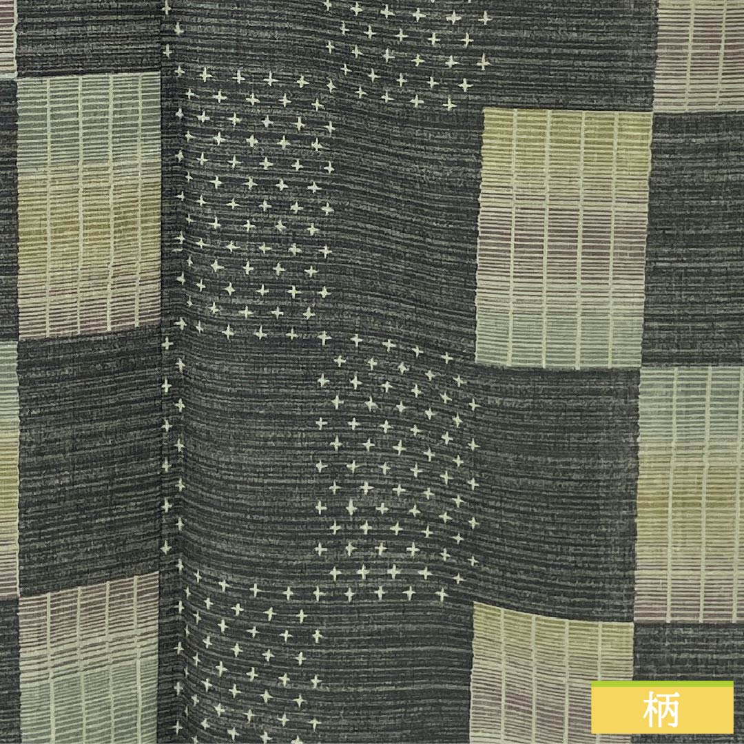 夏物 ポリエステル 小紋 身丈164.5cm 裄丈66cm 市松模様 十字絣 洗える着物 紗 Sランク 黒系 1132002322410