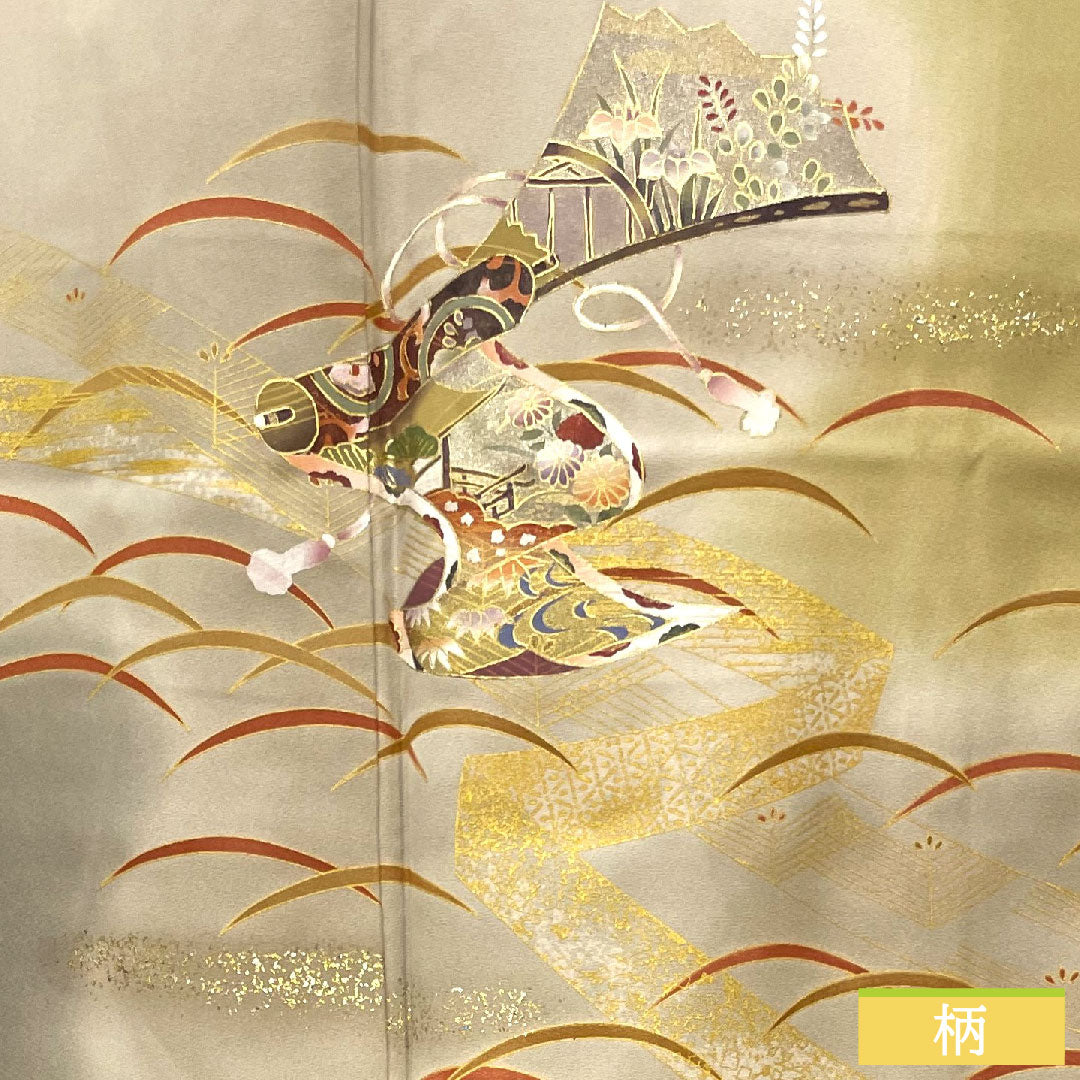 訪問着 袷 身丈167cm 裄丈66cm 芽色 京友禅 露草 巻物 一つ紋 剣片喰 正絹 Aランク 黄系 1112003933523