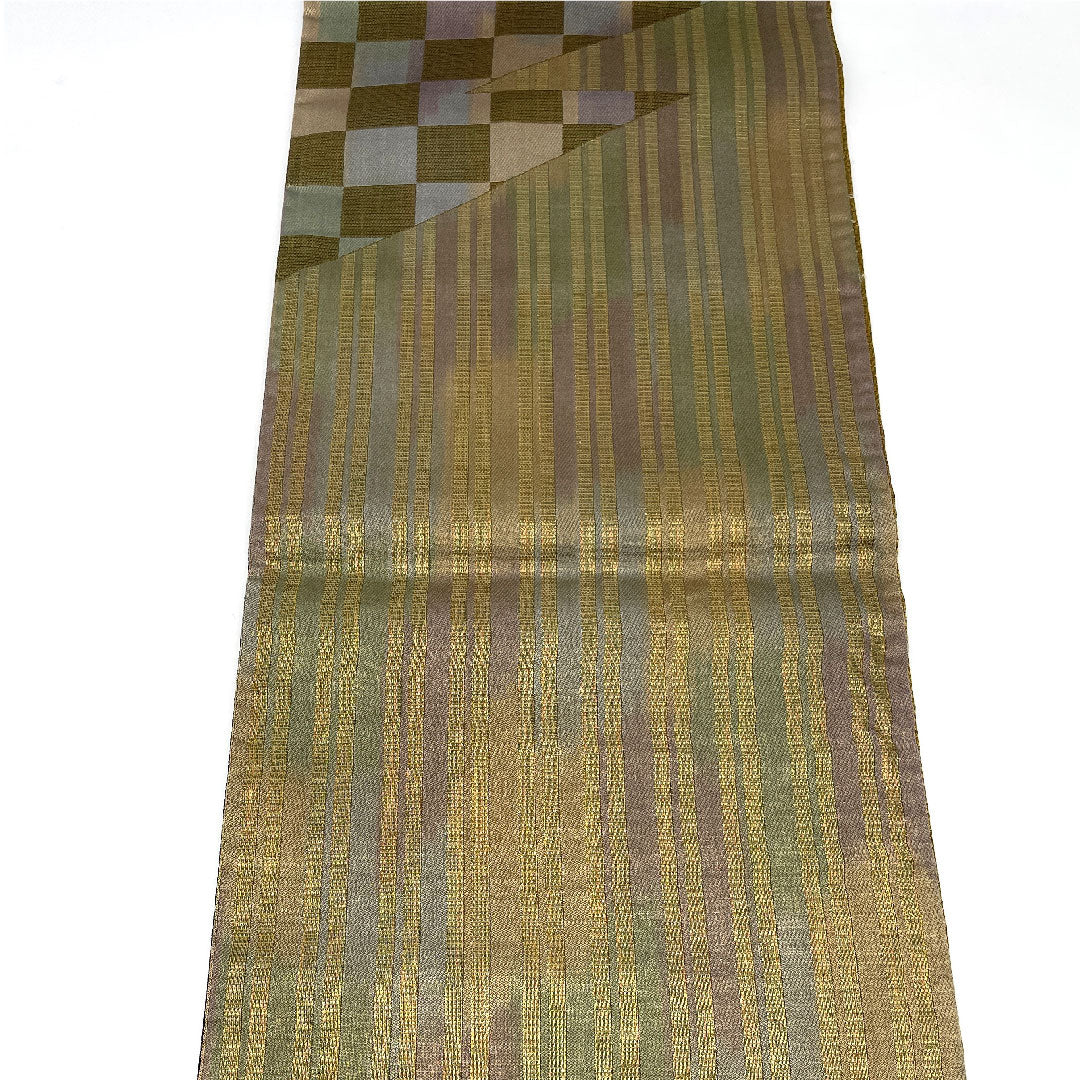 袋帯 全通全景 市松 縞 リバーシブル 帯丈440cm 正絹 Sランク 全通 セミフォーマル グラデーション系 1123003762399