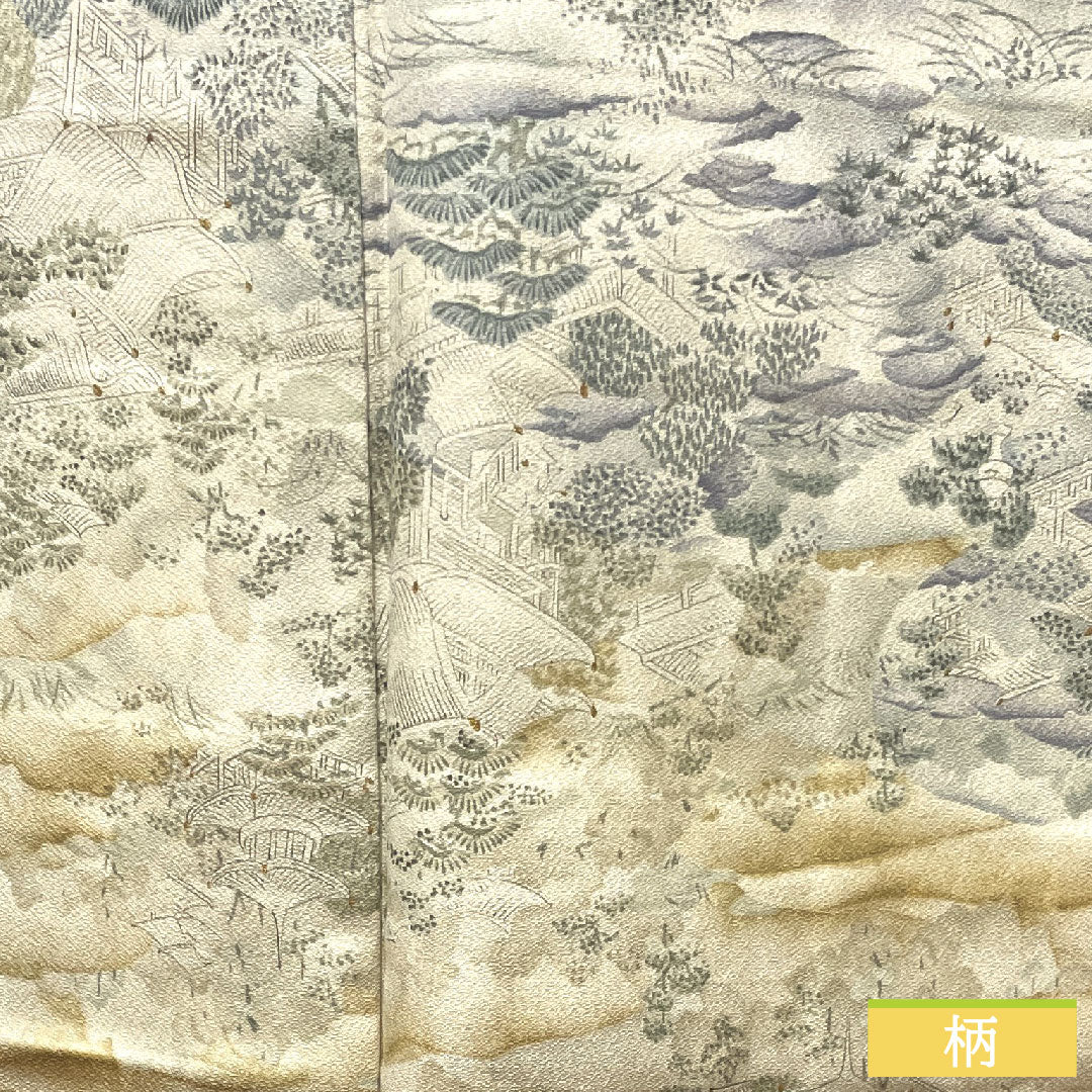 小紋 正絹 身丈159cm 裄丈65.5cm 袷 銀白色 風景模様 しつけ糸付き 未使用品 Sランク グレー系 1115003722322