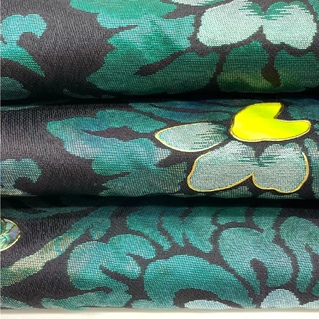 (未仕立)袋帯 黒色 花唐草 藤本隆士 螺鈿作家 帯丈466cm 正絹 NEWランク 六通 フォーマル 黒系 1123009051410