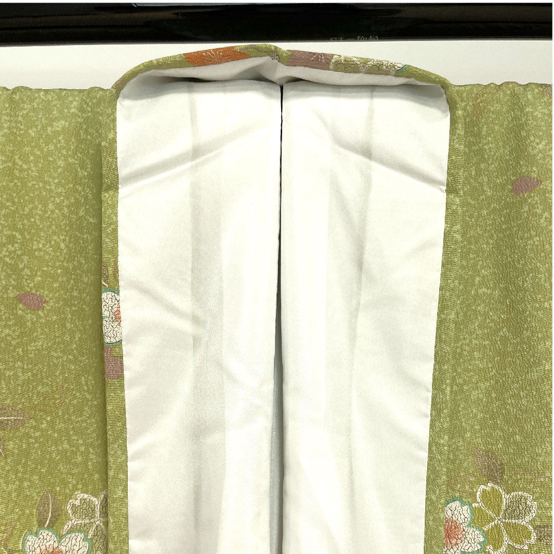 小紋 身丈164cm 裄丈64cm 袷 薄青朽葉色 洗える着物 桜 ポリ Sランク 緑系 1115002342419