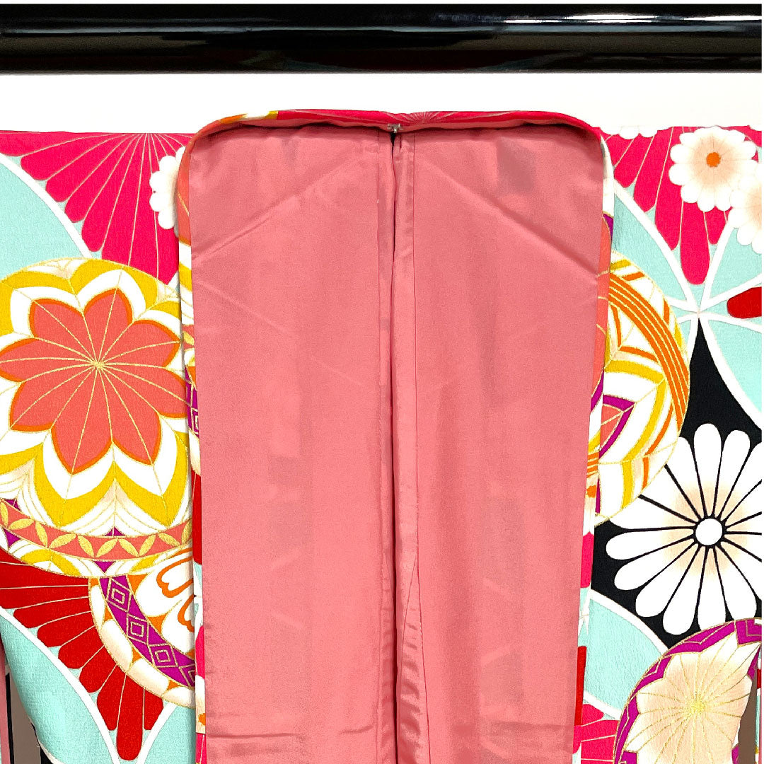 振袖 身丈170.5cm 裄丈70cm 袷 薄水色 洗える着物 鞠 七宝 ポリ Sランク 青系 1113001172617