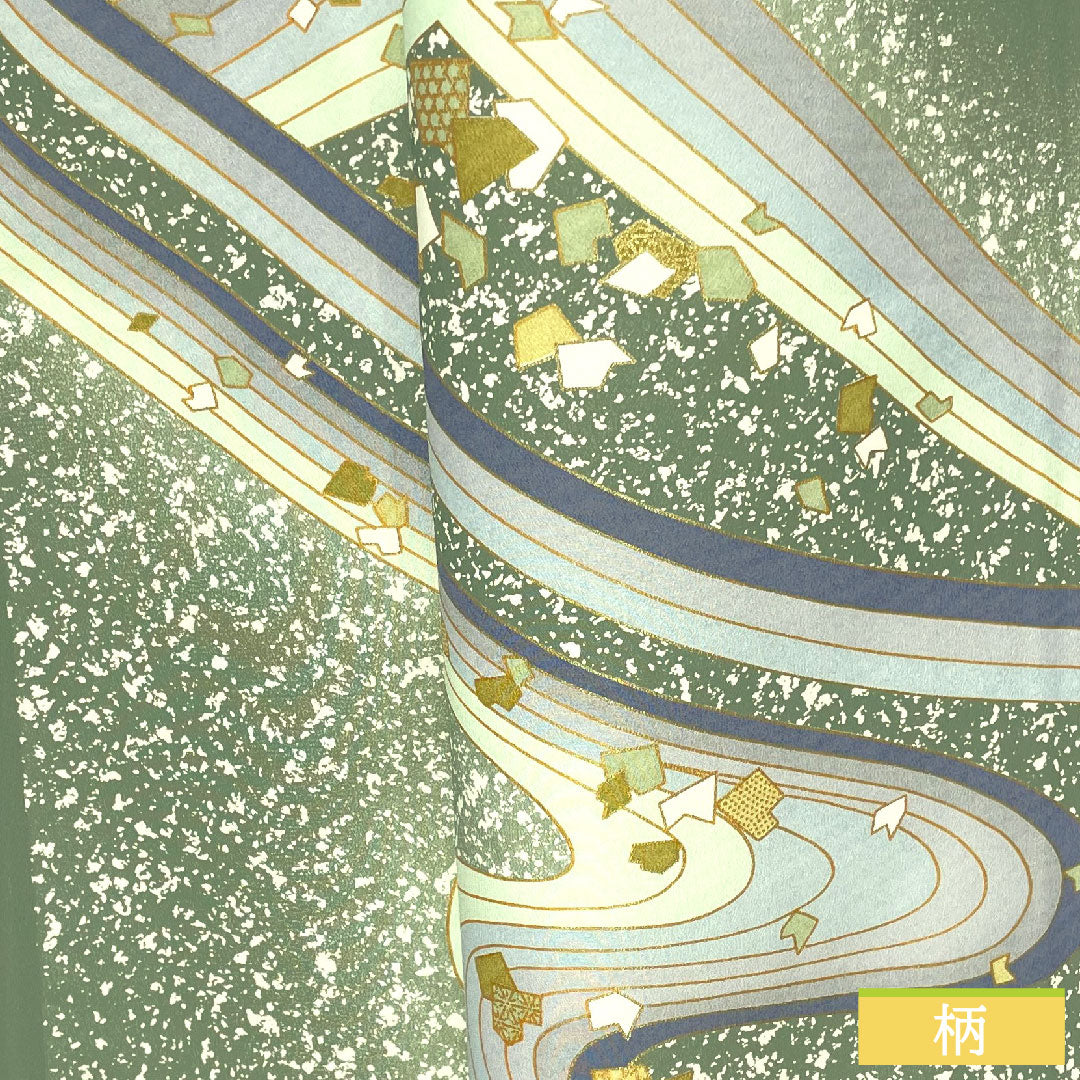 訪問着 ポリエステル 袷 身丈160.5cm 裄丈66cm 千種色(ちぐさいろ) 洗える着物 流水 Aランク 緑系 1112004603419