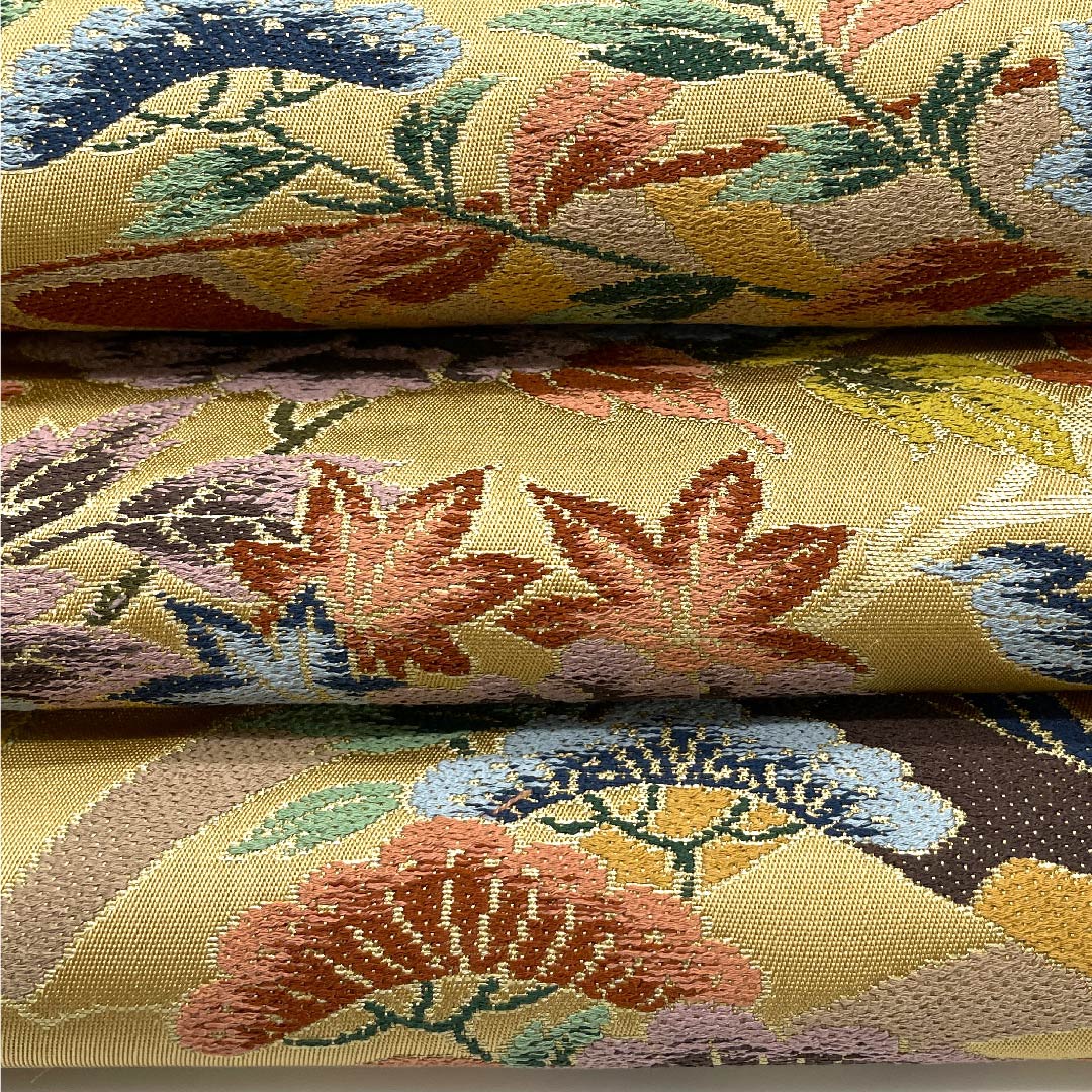 袋帯 山吹鼠色(やまぶきねずいろ) 白綾苑大庭 花柄 帯丈428cm 正絹 Sランク 六通 フォーマル 茶系 1123009472314