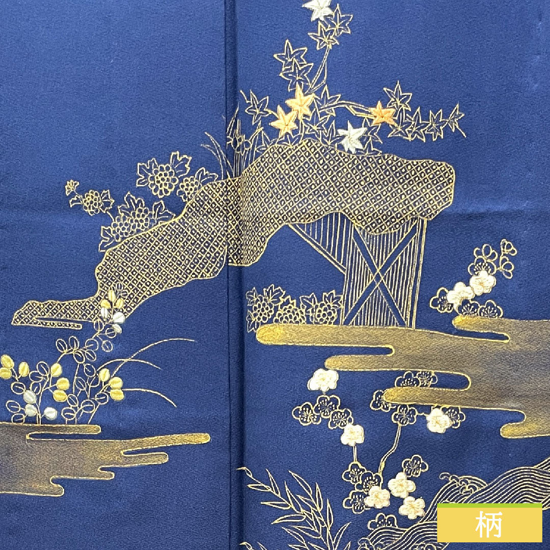 訪問着 正絹 単衣 身丈154.5cm 裄丈63.5cm 濃桔梗色 金彩加工 草花模様 Sランク 紺系 1112003352218