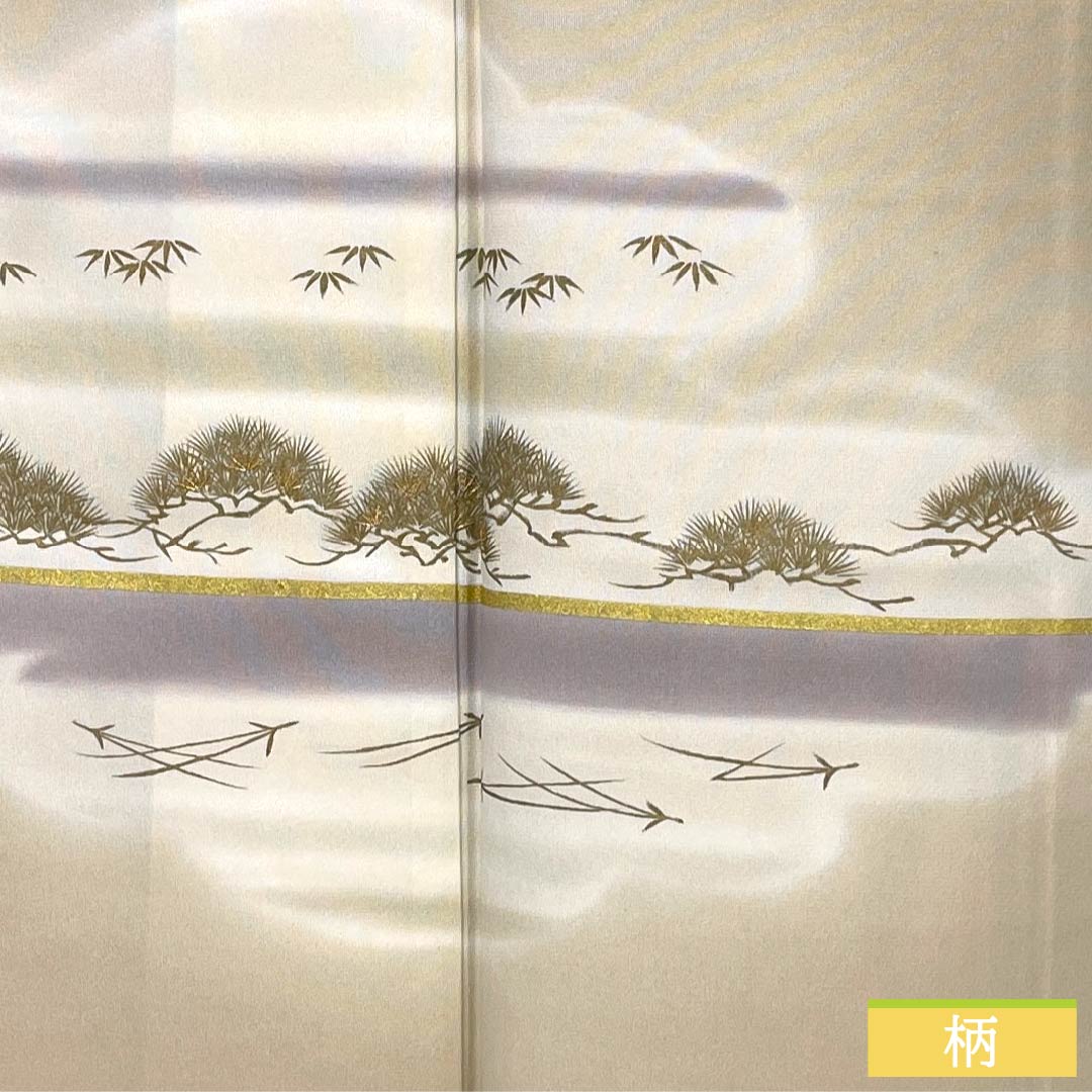 Homongi (visiting kimono) made of pure silk, grade A, with a lined lining, length 165cm, sleeve length 64.5cm, Tokyo white-brown color with hazy, pine, and bamboo motifs and pearl-tone beige accents. Product number: 1112006883525