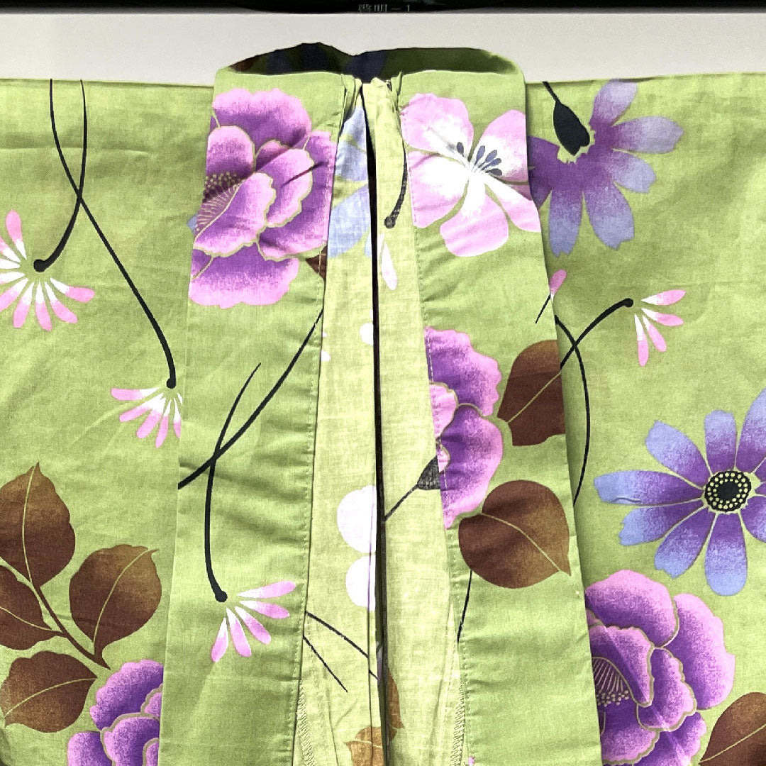 浴衣 緑衫色 草花模様 木綿 Sランク 単衣 身丈162cm 裄丈62cm 緑系 1118001142419