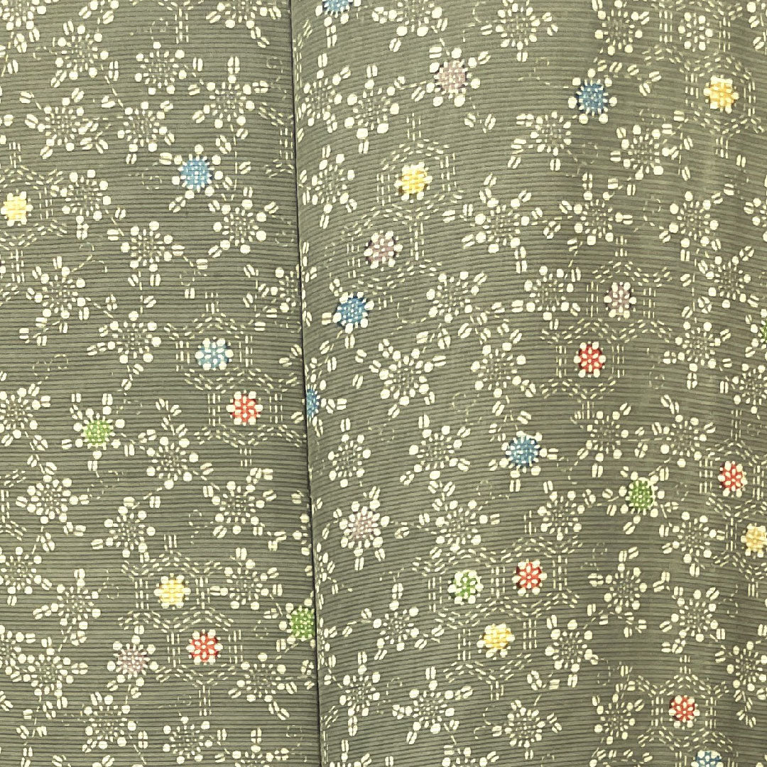 夏物 正絹 小紋 身丈149cm 裄丈63.5cm 柳鼠色(やなぎねずいろ) 菊 亀甲 絽 Sランク グレー系 1132000732122