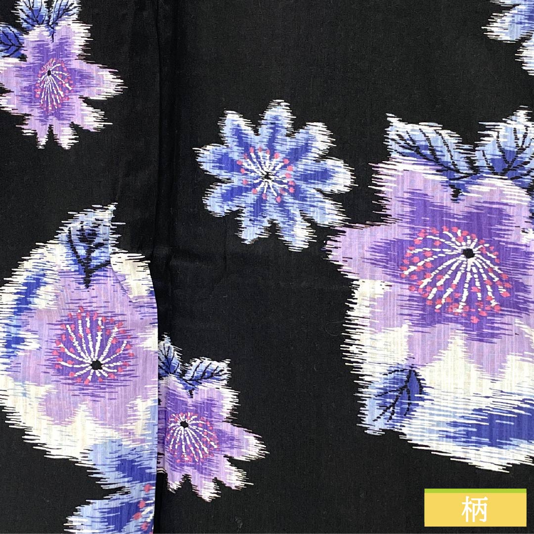 Cotton Yukata, Length 164.5cm, Sleeve Length 66.5cm, S Rank, Single Layer, Black, Abstract Floral Design, 1118005942410
