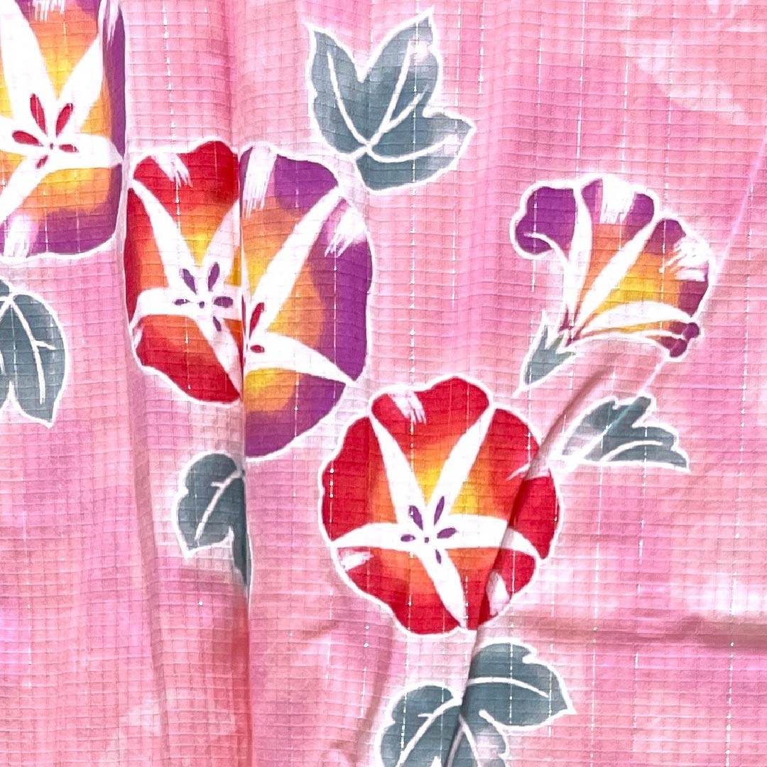 浴衣 洎夫藍色 浅紅色 朝顔 銀糸 木綿 Sランク 単衣 身丈162cm 裄丈64cm ピンク系 1118004252413