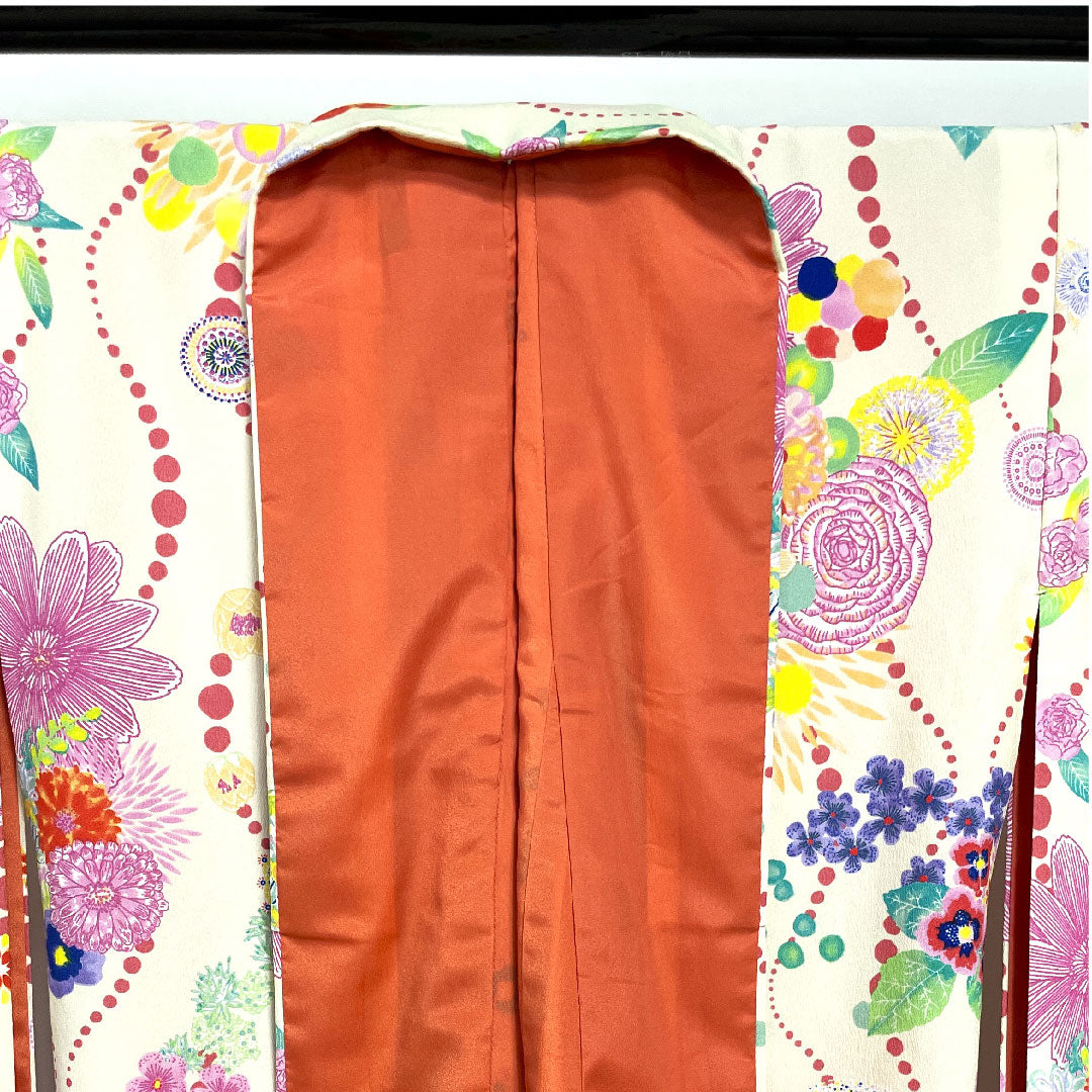 振袖 身丈166cm 裄丈68cm 袷 象牙色 洗える着物 花模様 ポリ Sランク クリーム系 1113001032515