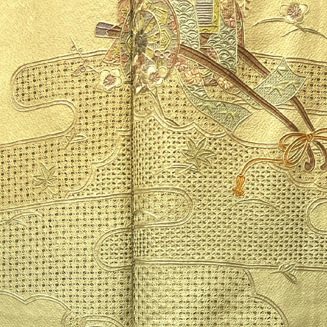 訪問着 袷 身丈152cm 裄丈63cm 枯野色 汕頭刺繡 蘇州刺繡 御所車 正絹 Sランク ベージュ系 1112002752225