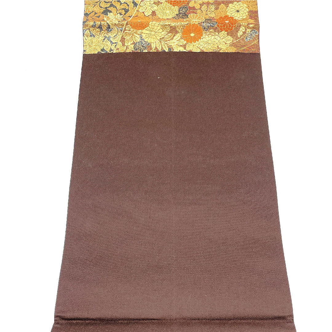 袋帯 草花模様 帯丈424cm 正絹 Aランク 六通 フォーマル 茶系 1123003683314