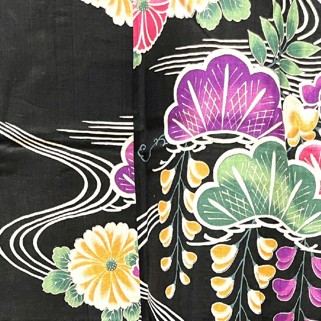 浴衣 松 菊 藤 流水 木綿 Sランク 単衣 身丈165cm 裄丈66.5cm 黒系 1118003932510