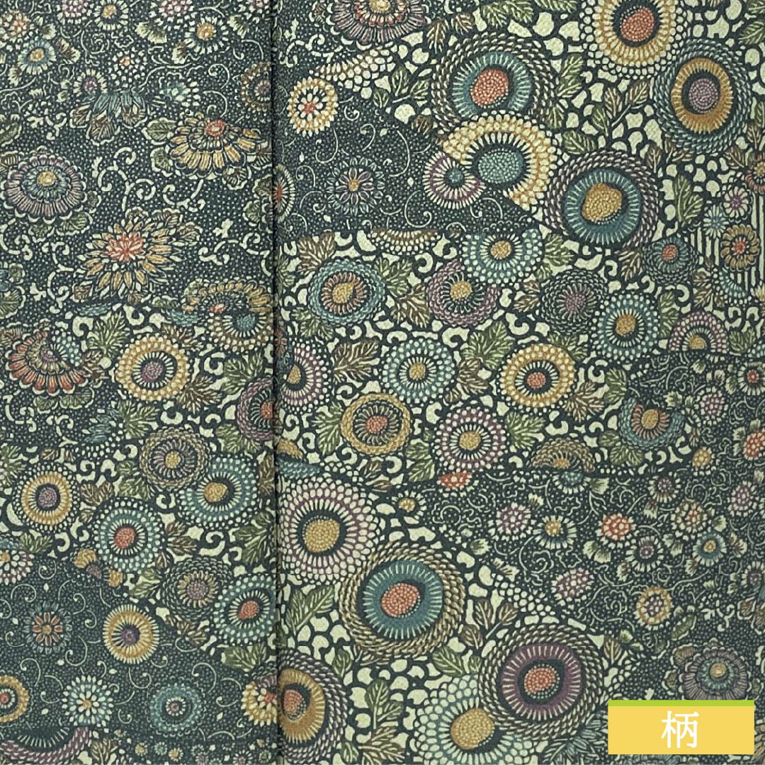 小紋 正絹 Aランク 身丈155.5cm 裄丈64cm 袷 鉄色(てついろ) 江戸小紋 南部幸雄 菊 割付文様 緑系 1115007243319