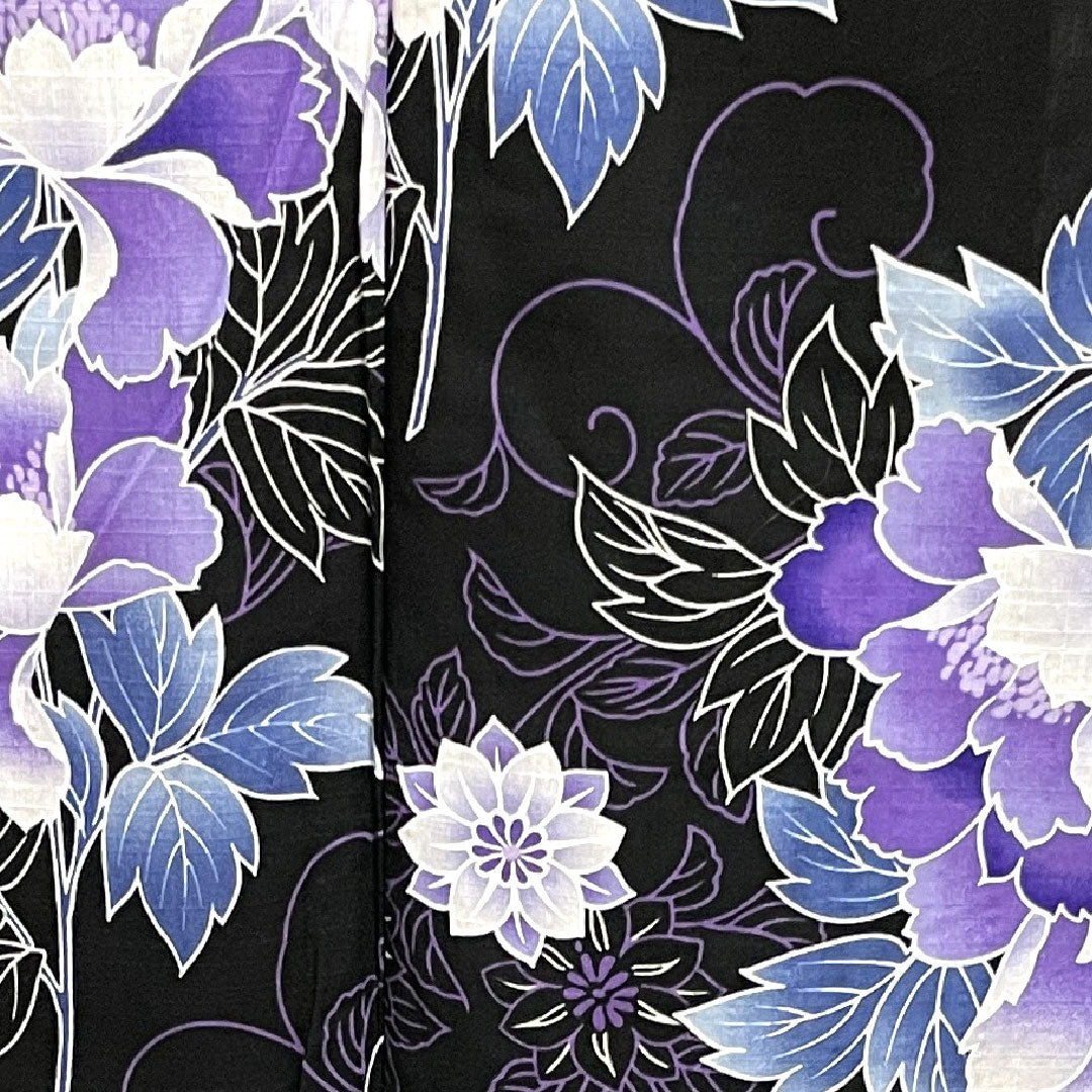 浴衣 草花模様 木綿 Sランク 単衣 身丈163cm 裄丈63cm 黒系 1118001102410