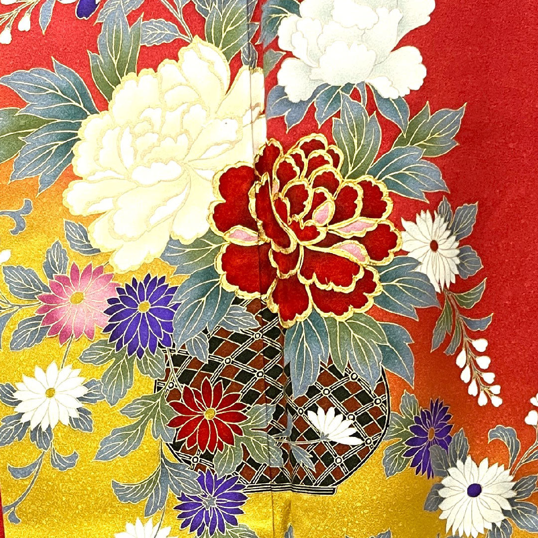 振袖 身丈153.5cm 裄丈63cm 袷 赤紅色 京友禅 草花模様 正絹 Aランク 赤系 1113001523212