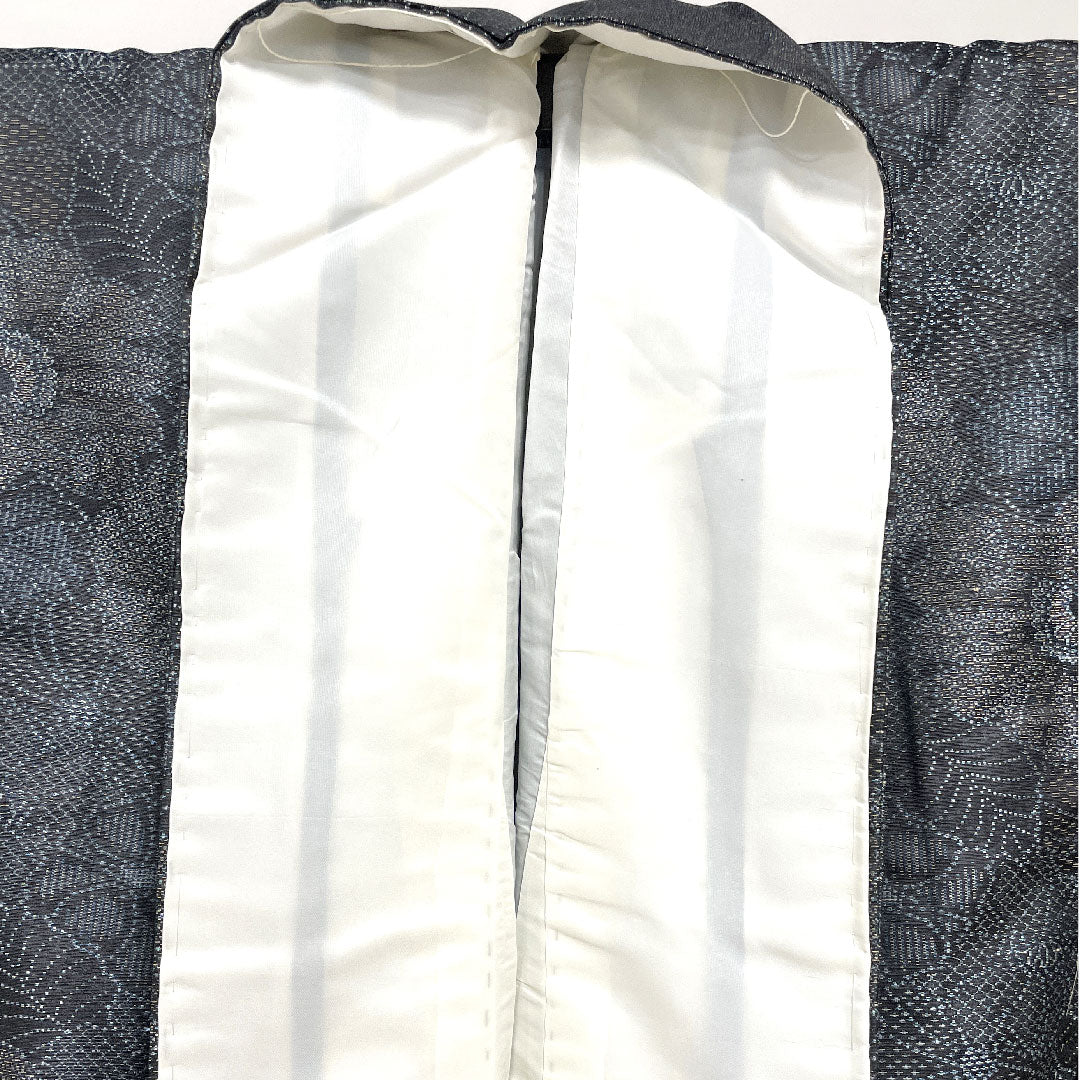 紬 正絹 身丈157.5cm 裄丈63cm お召 花模様 Aランク 袷 黒系 1116001703310