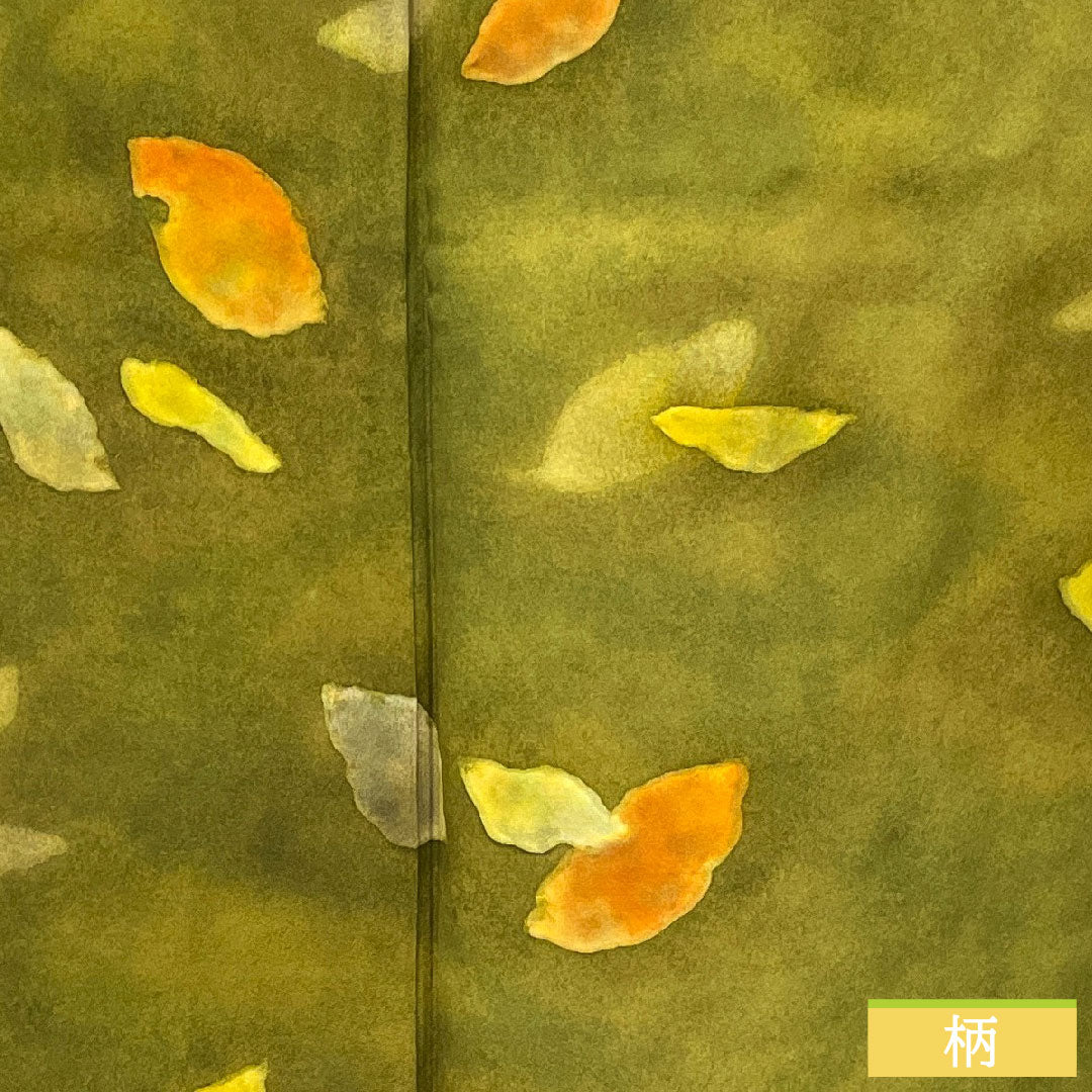 訪問着 正絹 袷 身丈157cm 裄丈66cm 青宣徳色(あおせんとくいろ) 濡れ描き 落葉模様 Aランク 緑系 1112004853319