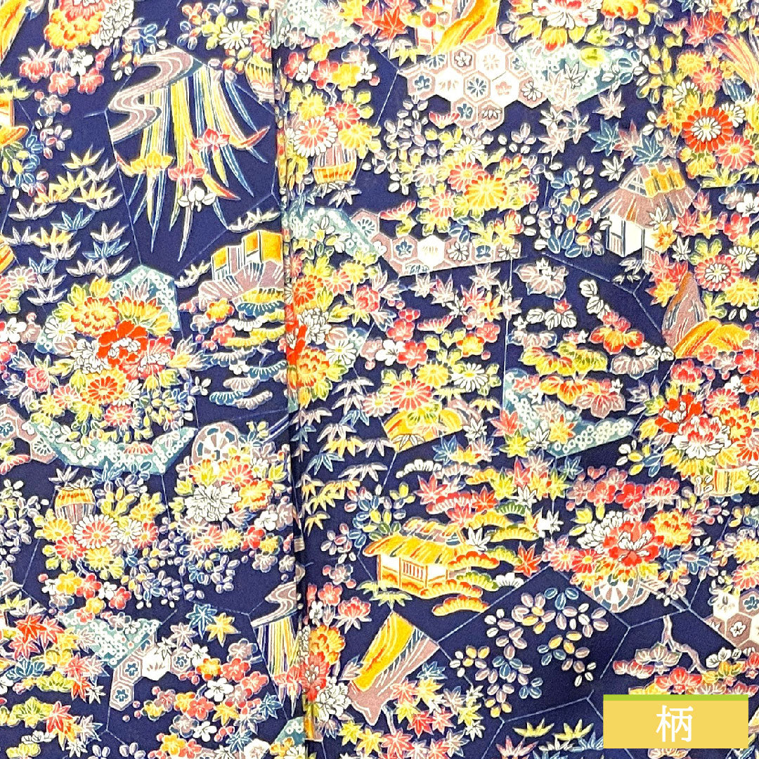 小紋 正絹 身丈157cm 裄丈64cm 袷 紺桔梗色 草花模様 茶屋辻 Sランク 紺系 1115003632318