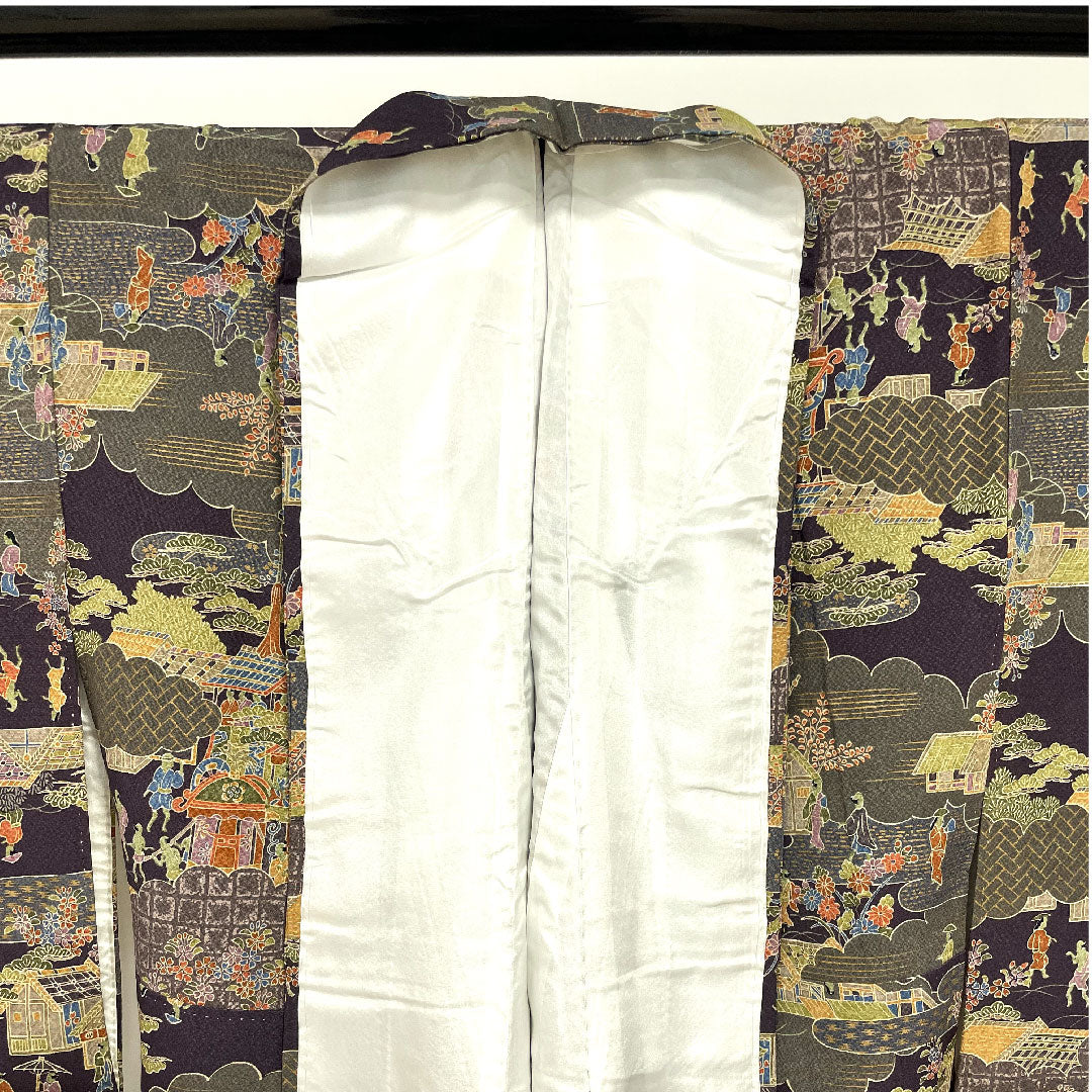 小紋 身丈153.5cm 裄丈65cm 袷 紫烏色 時代人物風景模様 正絹 Sランク 紫系 1115002322220