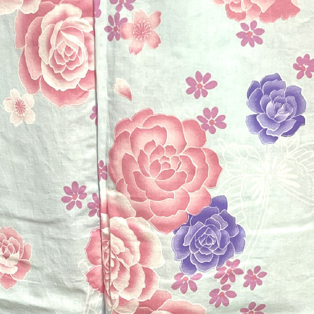 浴衣 藍白色 薔薇 桜 蝶 木綿 Aランク 単衣 身丈158.5cm 裄丈63.5cm 青系 1118001113317