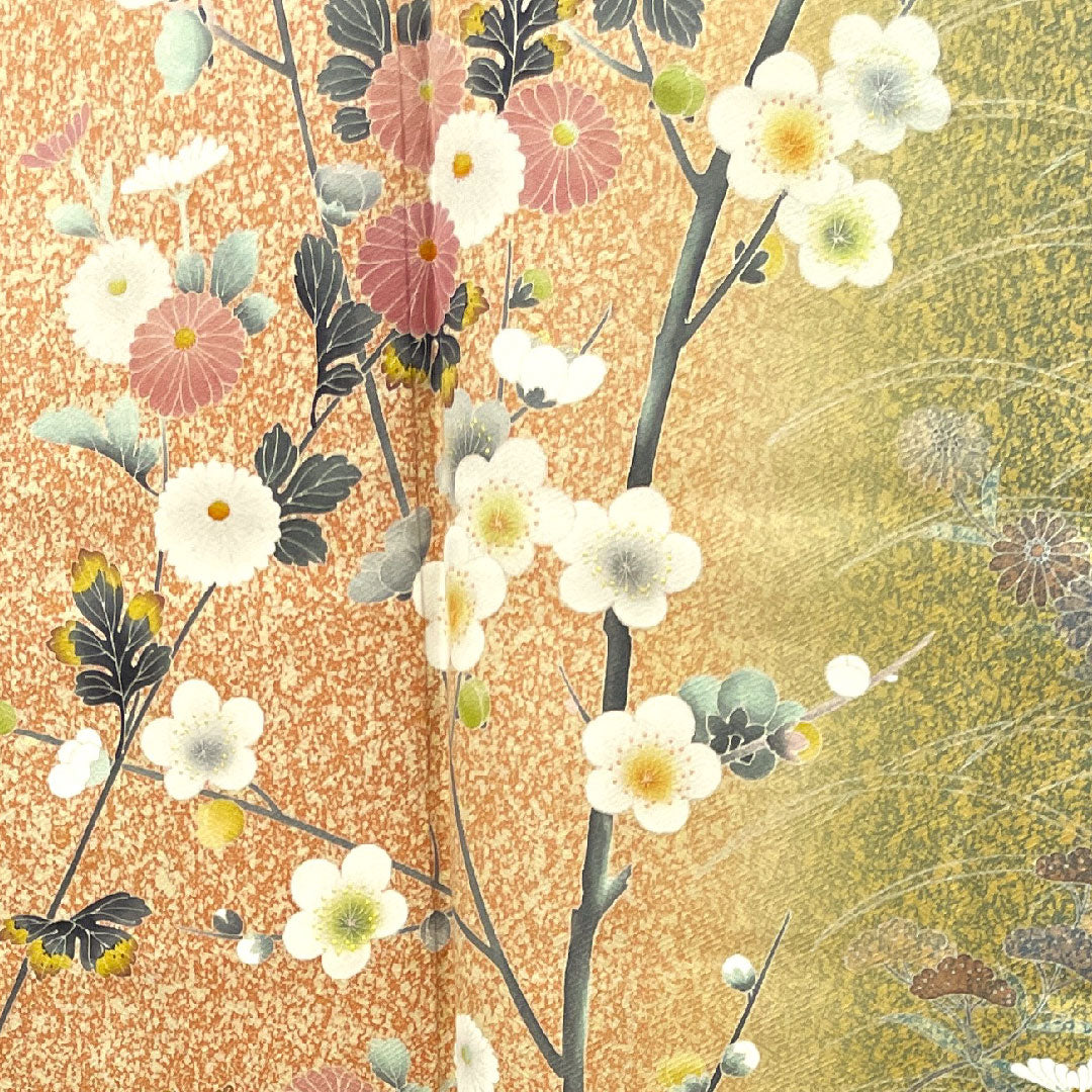 Homongi, pure silk, lined, length 163.5cm, sleeve length 64cm, vermilion, tapped dye, plum, chrysanthemum, artist's work, S rank, vermilion, 1112003252416