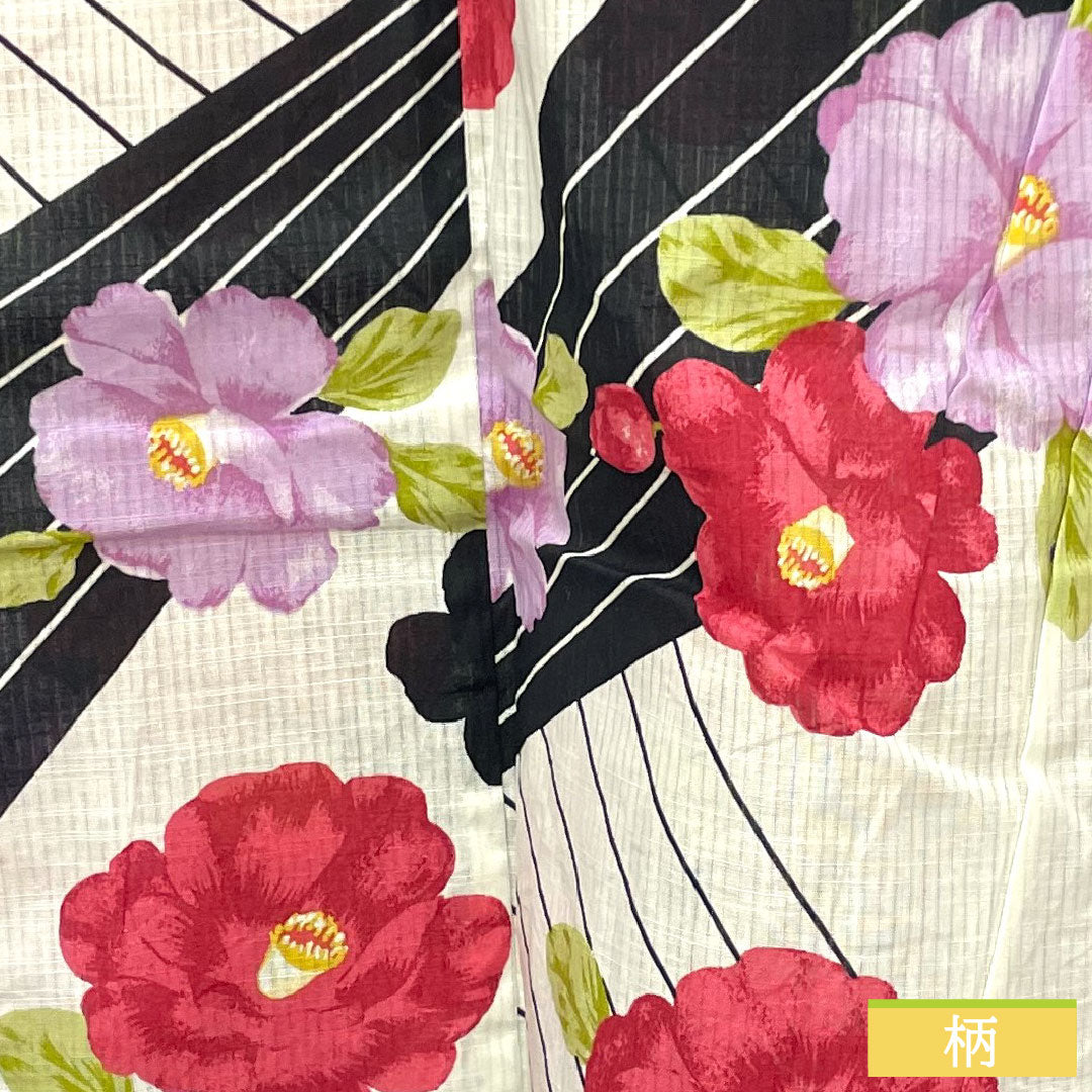 浴衣 木綿 身丈163.5cm 裄丈64cm Sランク 単衣 モノトーン 椿 1118005092427