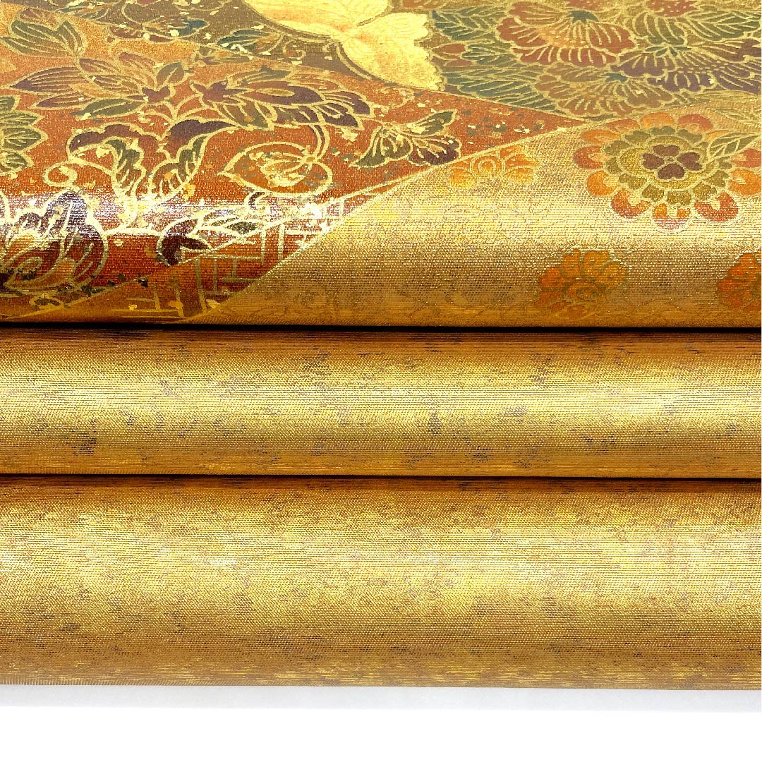 袋帯 金色 本金漆 蝶 華文 帯丈428cm 正絹 Aランク ポイント柄 フォーマル 金系 1123002873321