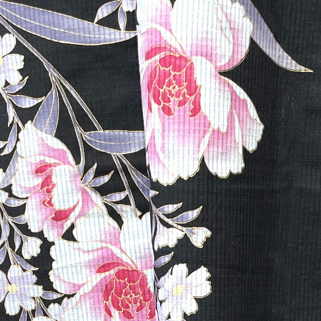 浴衣 牡丹 木綿 Sランク 単衣 身丈158cm 裄丈67.5cm 黒系 1118002112310