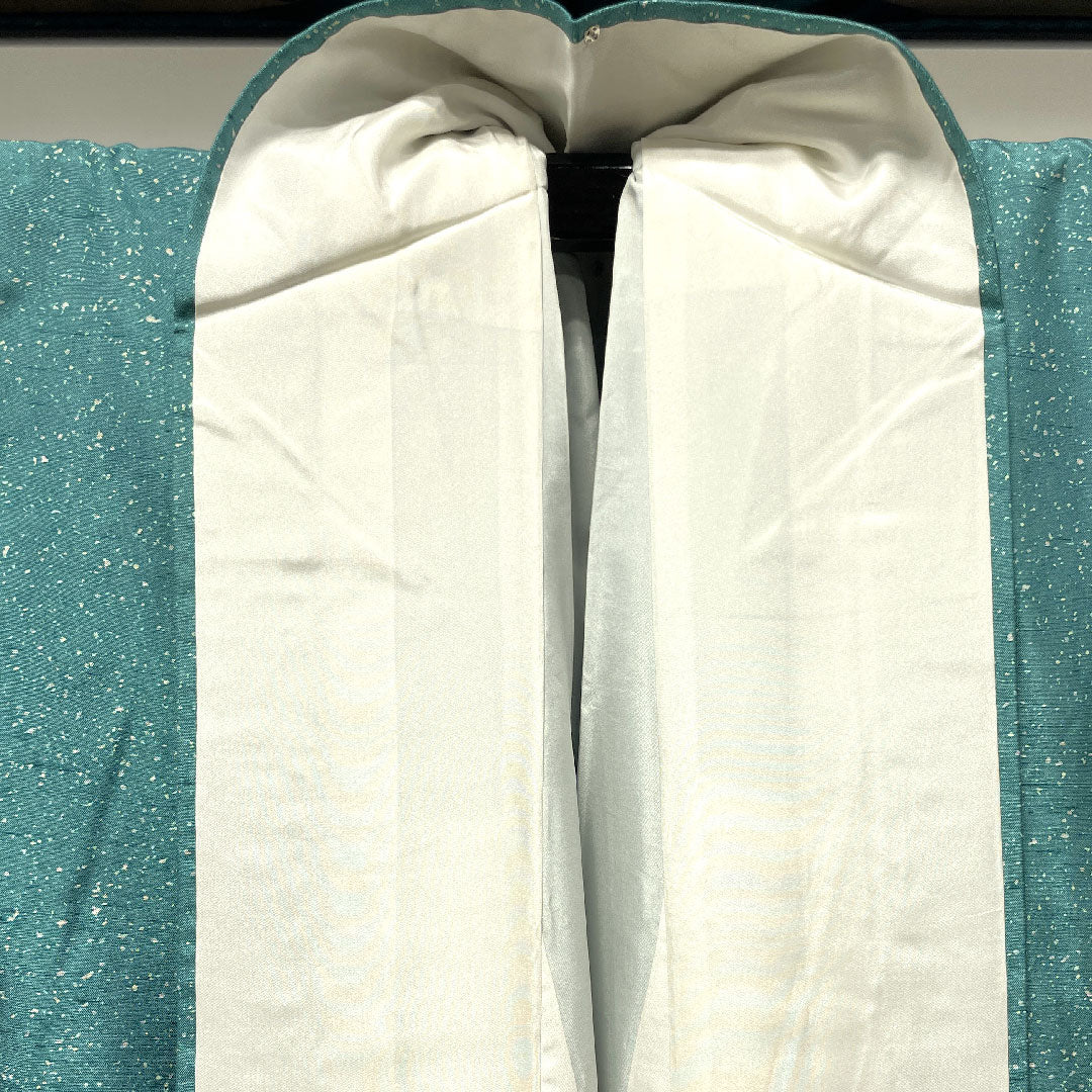 牛首紬 身丈155.5cm 裄丈65.5cm 未使用品 しつけ糸付き 山藍摺色 タタキ染 丸に木瓜 正絹 Sランク 袷 緑系 1116002232319