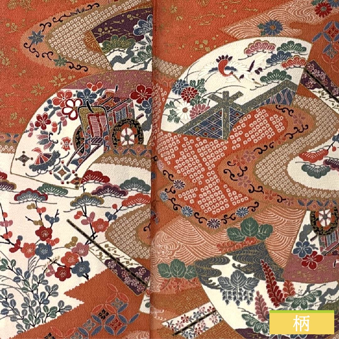 Komon silk kimono, S rank, length 159cm, sleeve length 66.5cm, lined, medium crimson (nakabeniiro) and scarlet (hiiro) with a fan-shaped classic pattern, red tones, product number 1115006672312