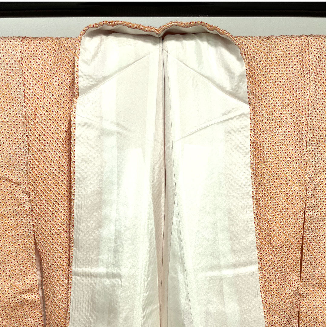 小紋 身丈157cm 裄丈62cm 袷 深支子色 総絞り しつけ糸あり 正絹 Sランク 朱系 1115002242316