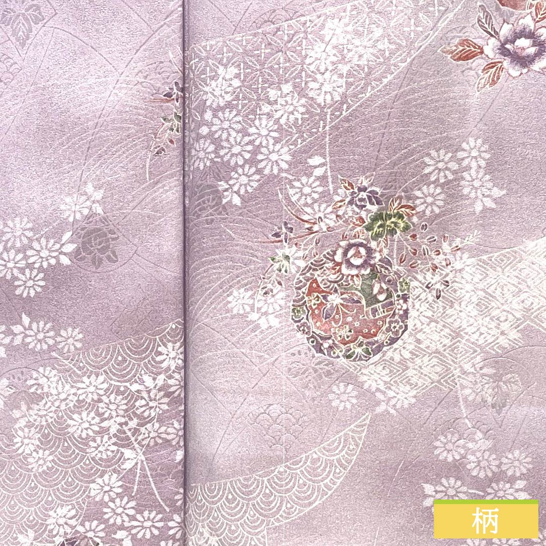 小紋 ポリエステル 身丈158.5cm 裄丈64cm 袷 白藤色(しらふじいろ) 洗える着物 小花 鏡 しつけ糸付き Aランク 紫系 1115005173320