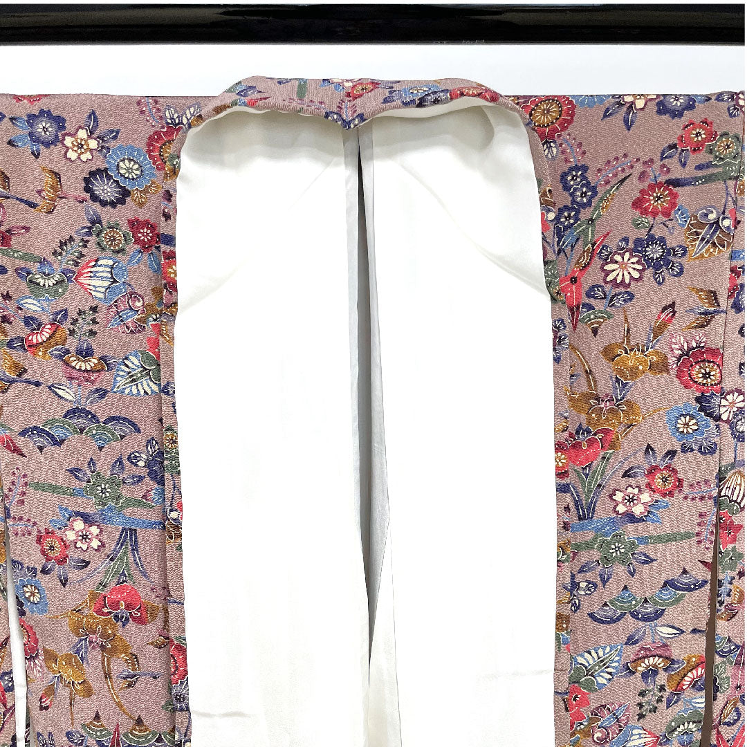 小紋 身丈159.5cm 裄丈64.5cm 袷 銀煤竹色 型染 草花模様 正絹 Sランク 朱系 1115002212316