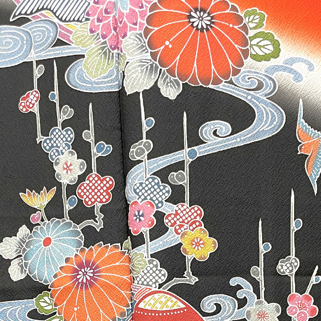 振袖 身丈158cm 裄丈66cm 袷 緋色 京紅型 松竹梅 菊 鳥 吉祥文様 正絹 Sランク 赤系 1113001602312