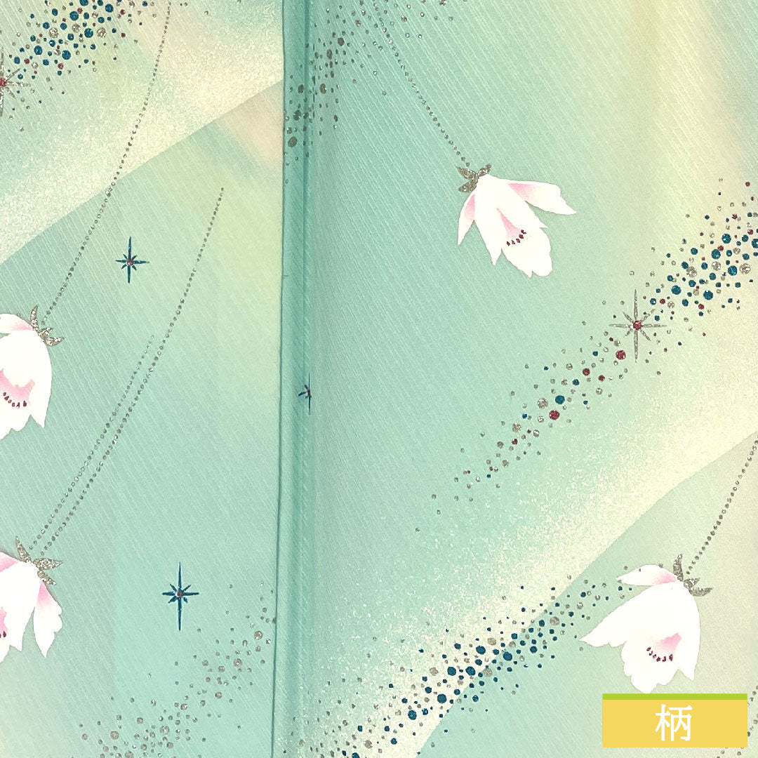 小紋 正絹 身丈157cm 裄丈63cm 袷 抽象花 銀彩加工 Sランク 水色系 1115004902324