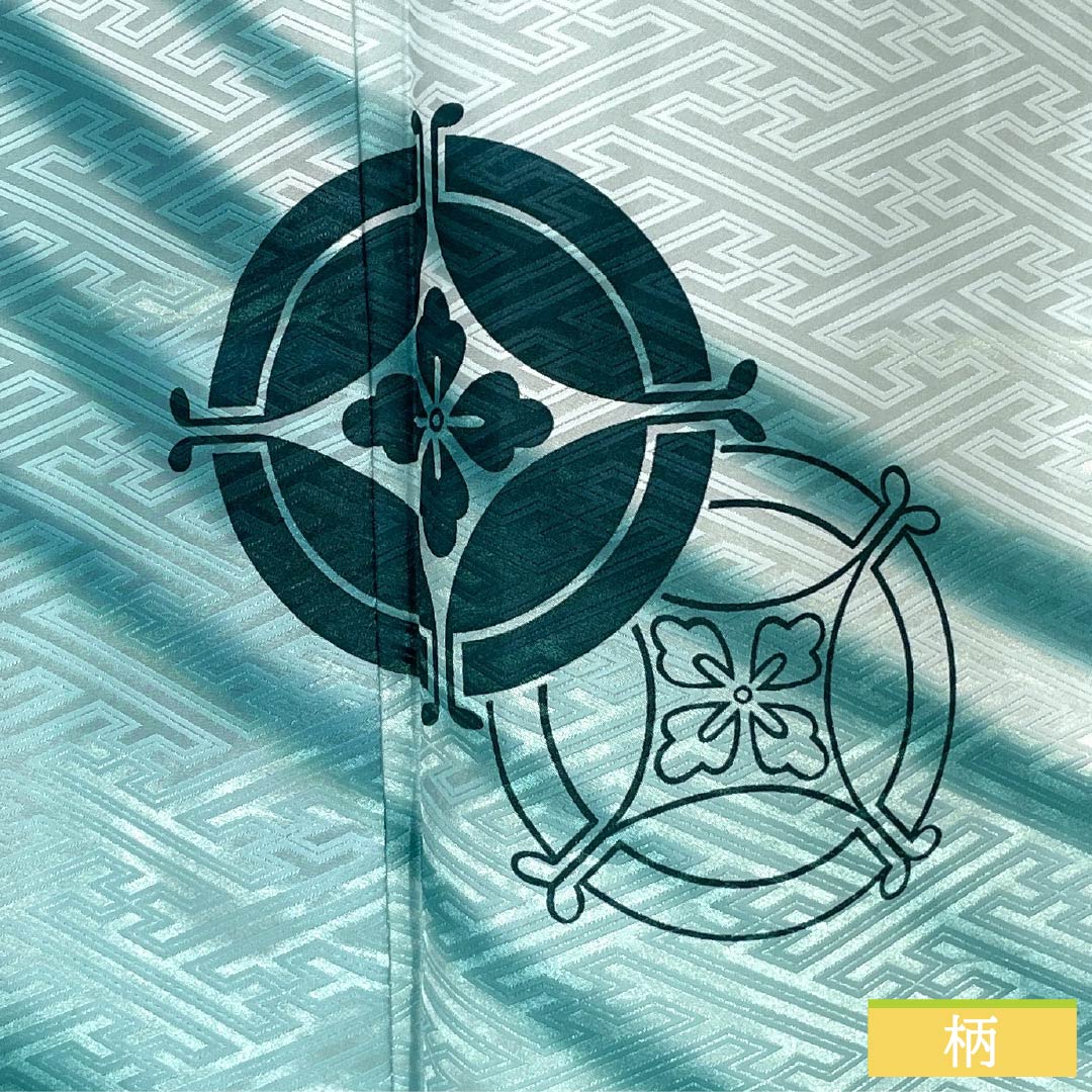 訪問着 ポリエステル Aランク 胴抜き 身丈156cm 裄丈64cm 薄水色(うすみずいろ) 半衿付き 踊り衣装 紗綾形 緑系 1112006383319