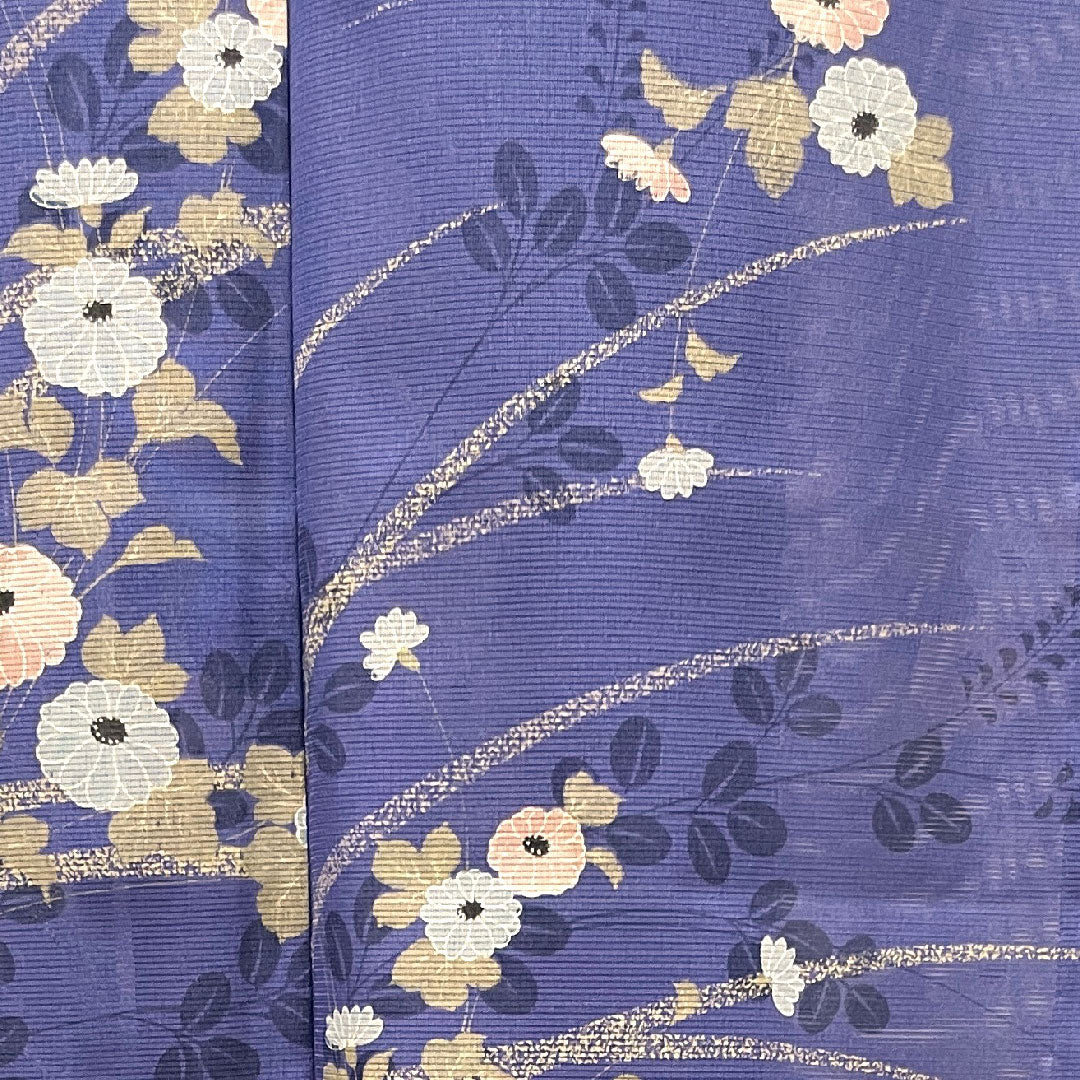 Summer kimono, polyester, small pattern, length 164cm, sleeve length 64cm, dark blue, chrysanthemum, bush clover, washable kimono, silk, S rank, blue, 1132001742417