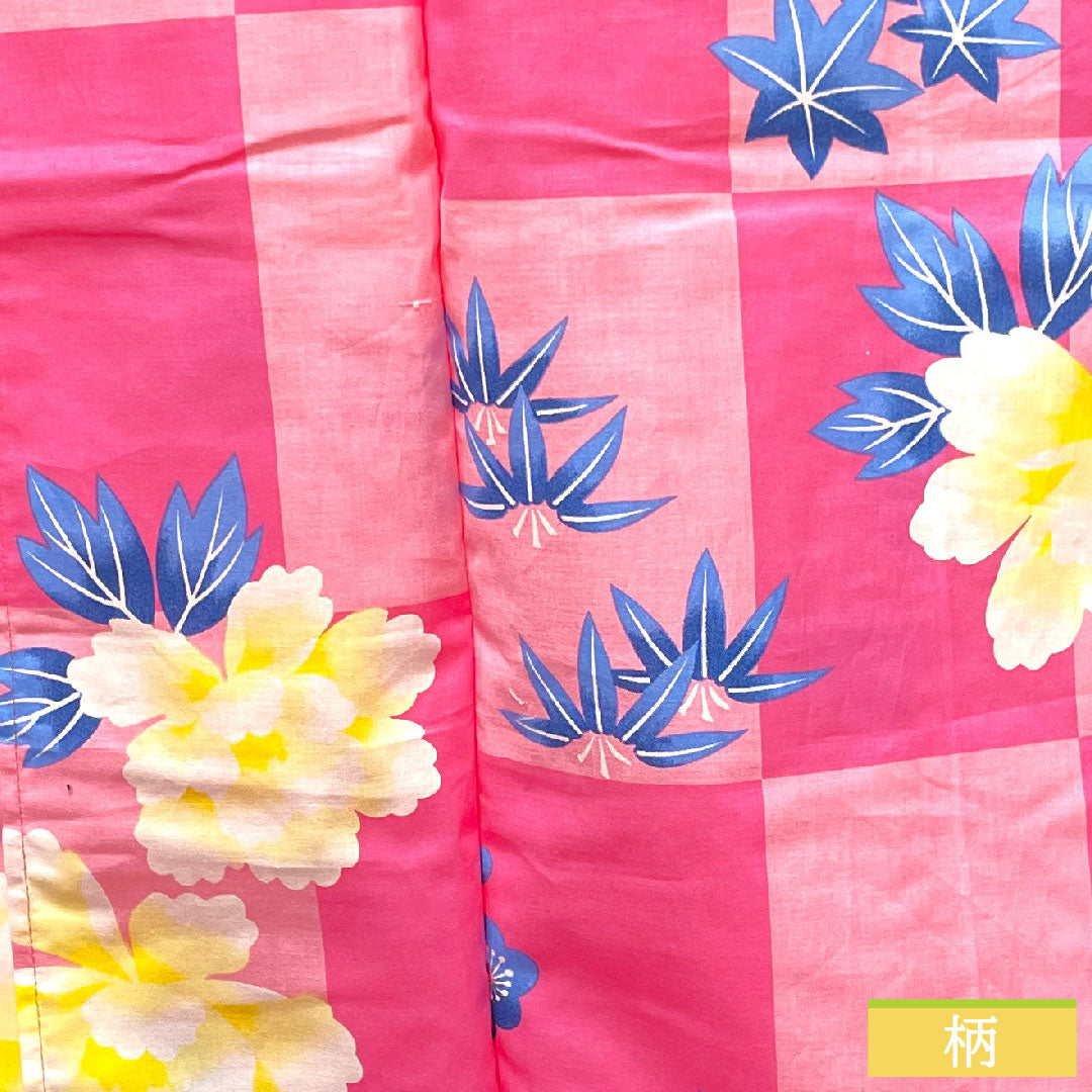 Yukata Cotton Length 165.5cm Sleeve length 66cm S rank Single layer Pink Checkered Peony Plum Autumn leaves 1118004652513