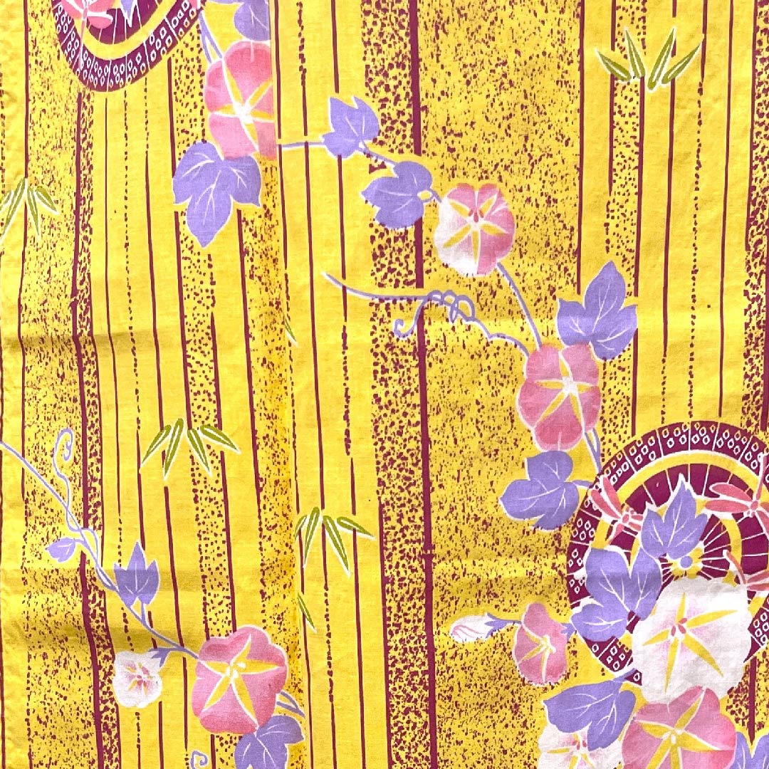 浴衣 卵色 朝顔 和傘 木綿 Sランク 単衣 身丈165cm 裄丈65cm 黄系 1118004022523