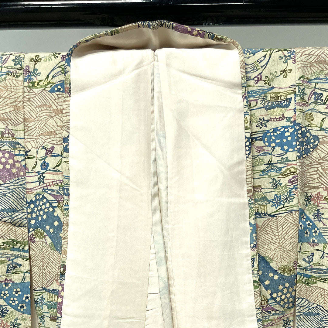 小紋 身丈154.5cm 裄丈61.5cm 袷 砥粉色 紅型 風景模様 正絹 Aランク クリーム系 1115003083215