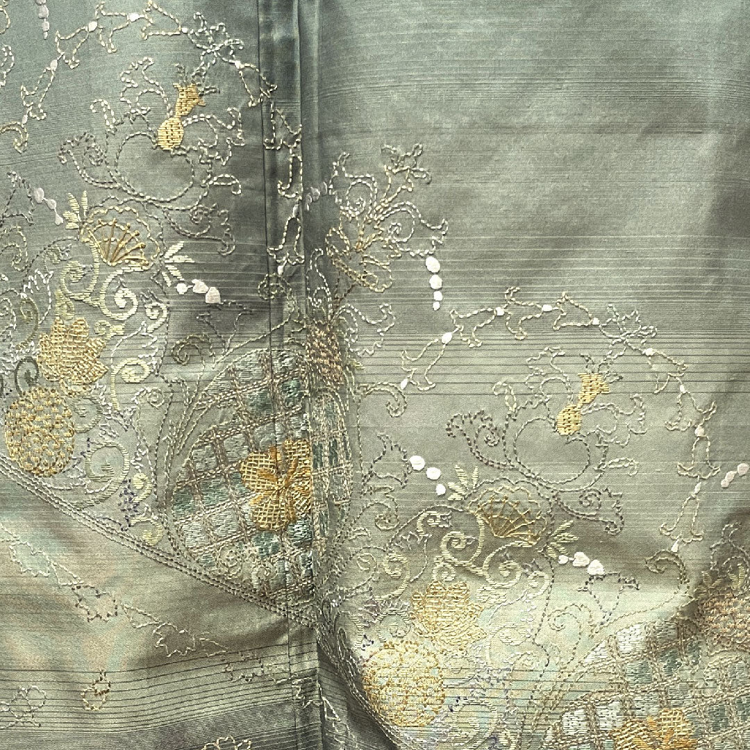 訪問着 正絹 袷 身丈162cm 裄丈65cm 灰青色 蘇州刺繡 紬地 抽象模様 Aランク グレー系 1112002813422