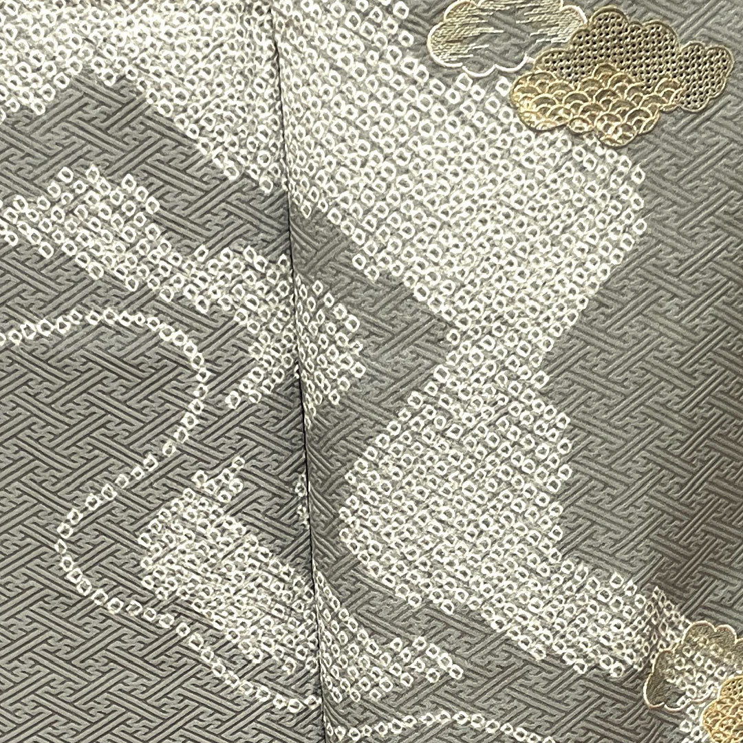 訪問着 正絹 単衣 身丈160cm 裄丈66cm 錫色 汕頭刺繡 絞り Sランク グレー系 1112003302422