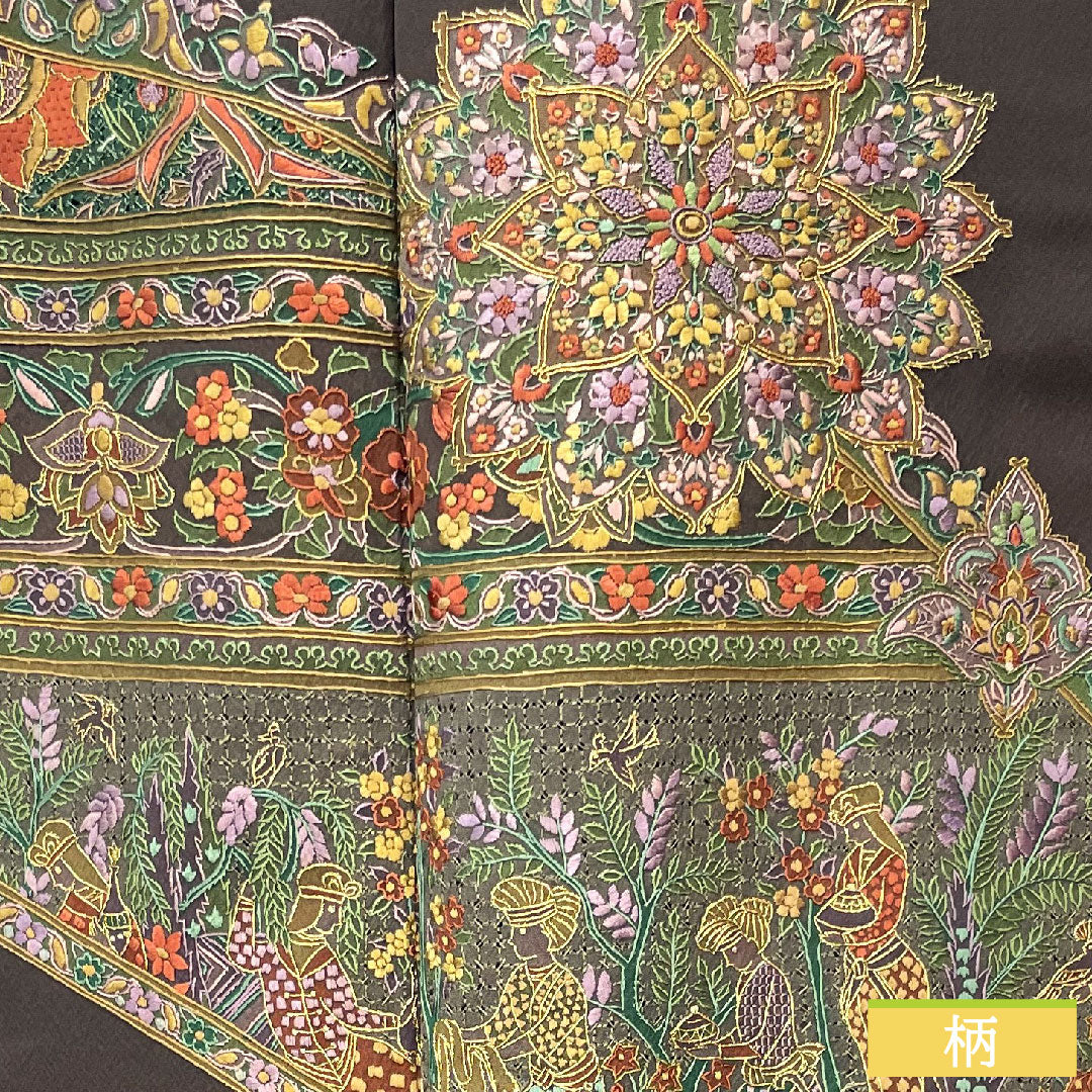訪問着 正絹 袷 身丈167cm 裄丈67.5cm 蘇州刺繡 汕頭刺繡 しつけ糸付き 欧風文様 一つ紋 揚羽蝶 Sランク 茶系 1112003982514