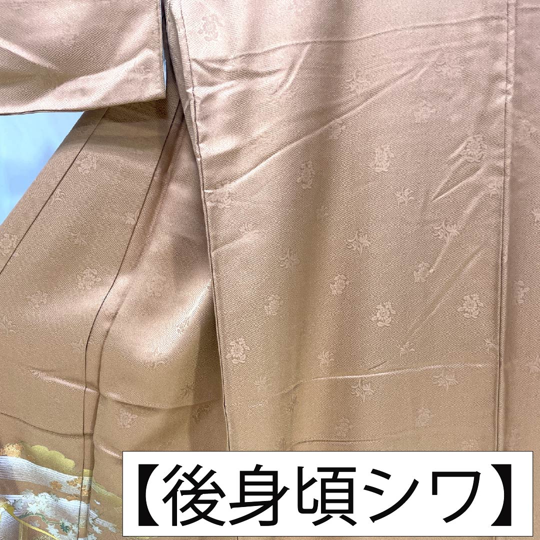 色留袖 正絹 Sランク 身丈158.5cm 裄丈67cm 袷 梅茶色(うめちゃいろ) 京友禅 時代人物風景模様 一つ紋 鶴の丸 一つ紋 茶系 1111002192314