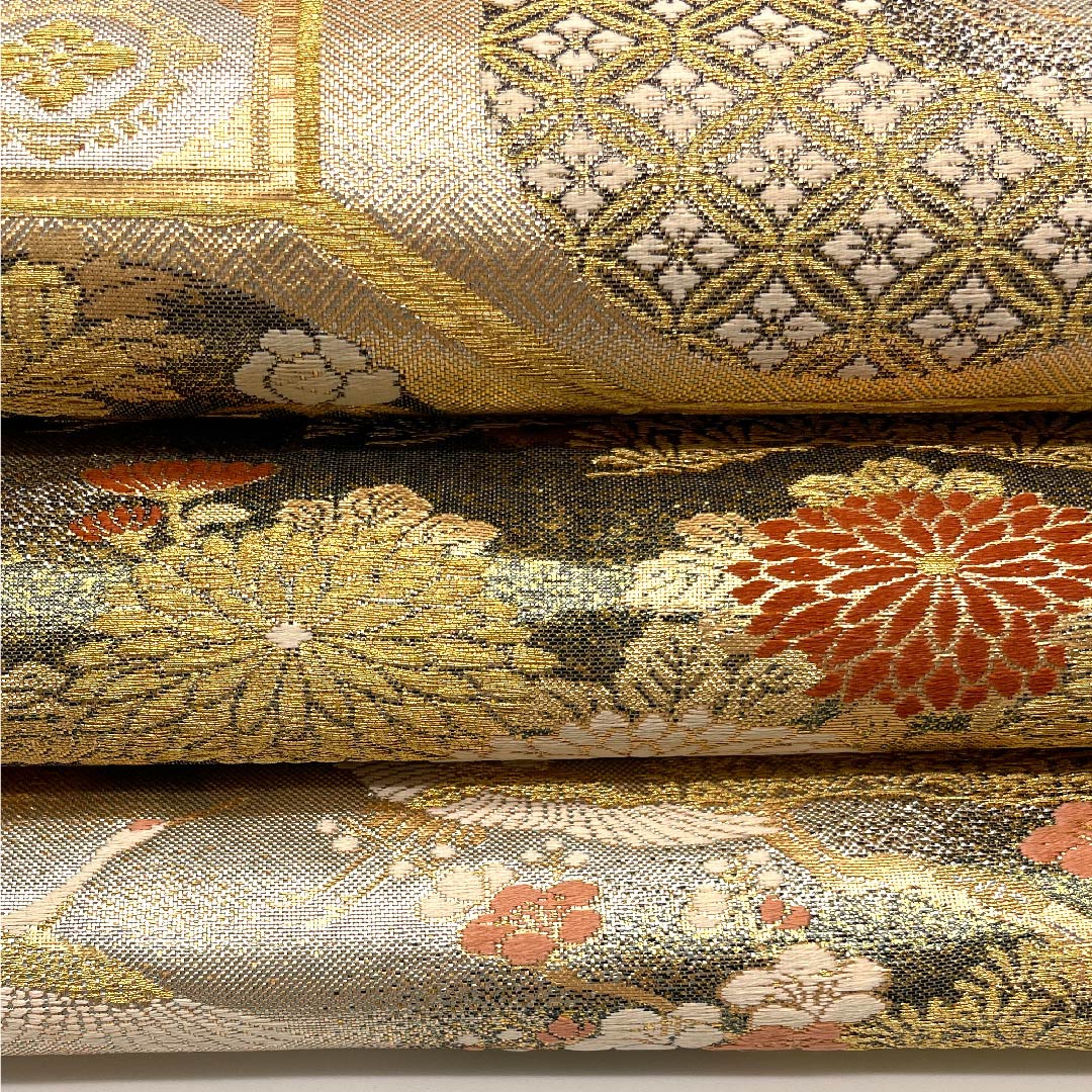 袋帯 金色 扇面 松竹梅 鶴 蒔絵 帯丈434cm 正絹 Aランク 六通 フォーマル 金系 1123009103321